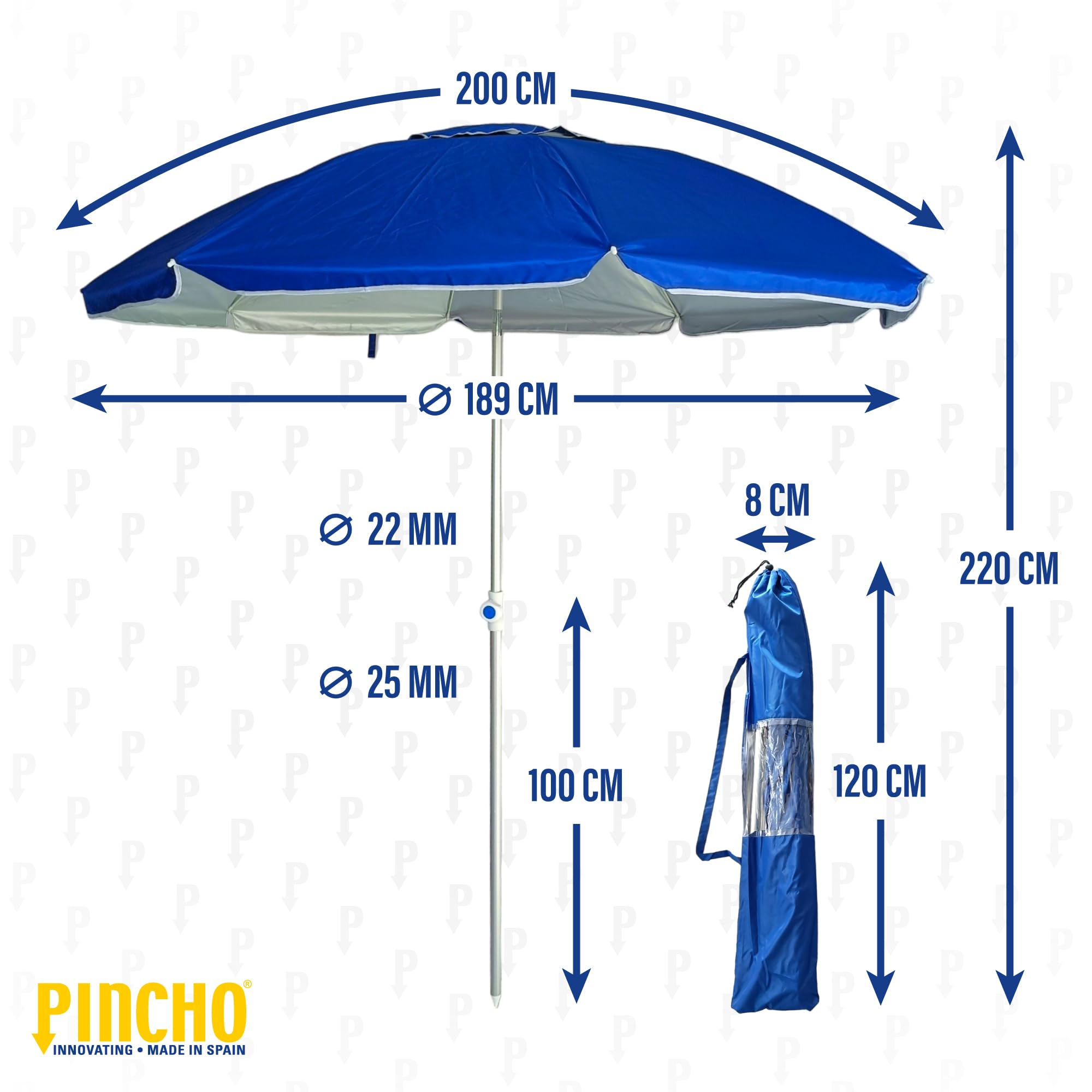 Pincho Sombrilla Playa Grande 200 cm, Antiviento con Protección UV50+, Tubo de Aluminio y 8 Varillas de Fibra de Vidrio, Reclinable con Ventana Superior, Incluye Punta de Aluminio.