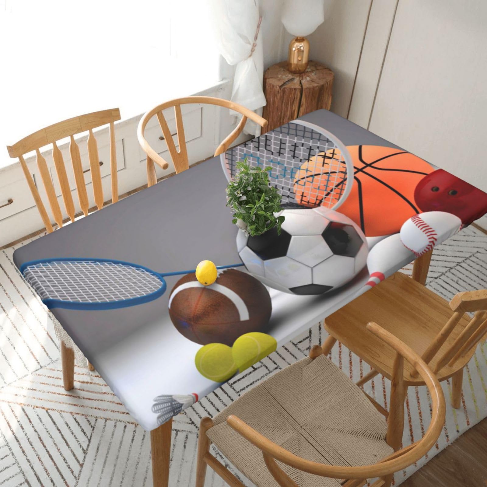 DCEHGEW Elastic Fitted Rectangle Tablecloth for 5ft Tables, Sports Themed Printed Oilproof & Washable Fabric Picnic Table Cloth Table Covers