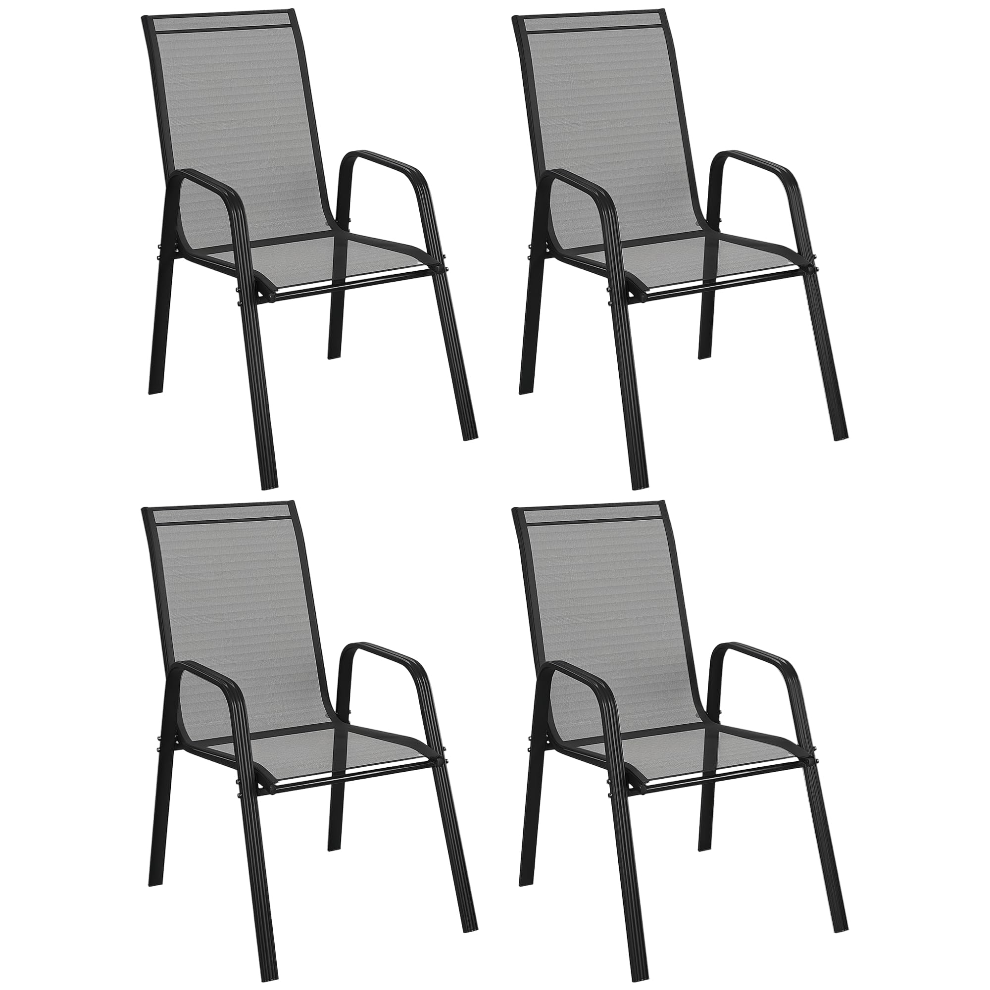 Outsunny Set 4 Sedie da Giardino Impilabili con Braccioli in Metallo e Texteline Impermeabile, 54x75.5x95cm, Nero