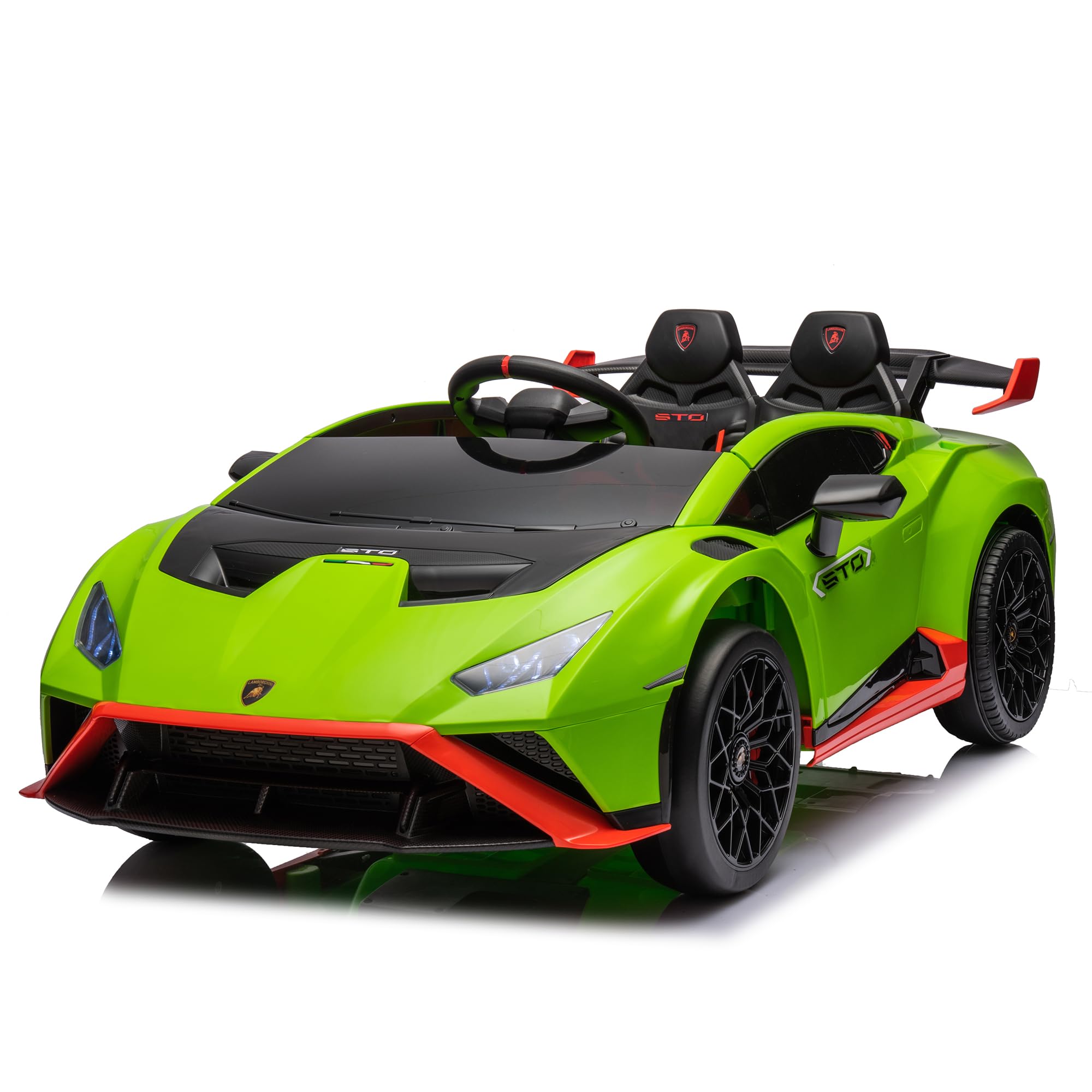 joyee&elephant Lamborghini Huracan STO 24V Kids Electric Ride-On Drift Car: Speeds 1.86-5.59 MPH, Ages 3-8, Foam Front Wheels, 360° Spin, LED Lights, Dynamic Music, USB Port, Drift Feature (Green)