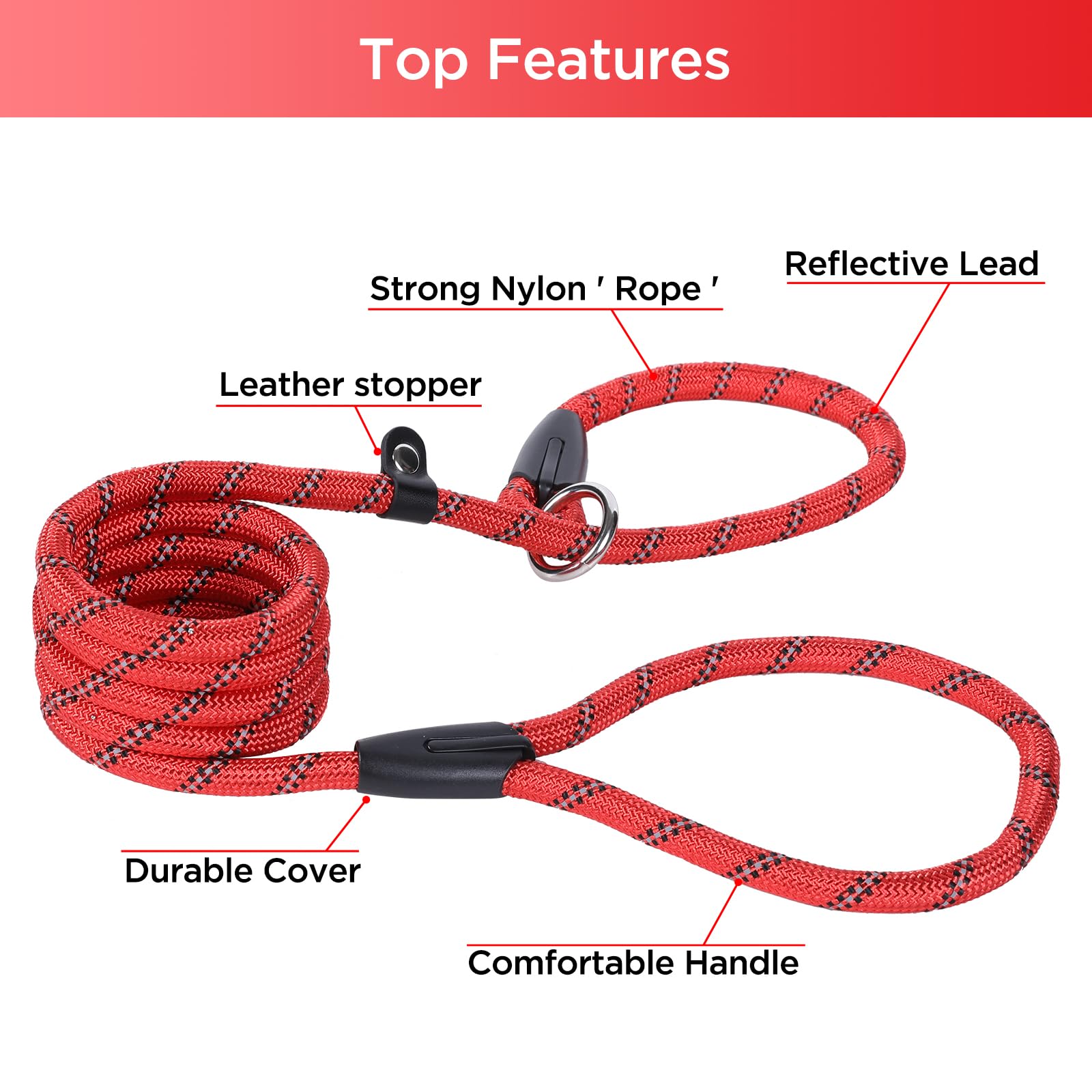 Loutep Slip Lead For Dogs-1.8m Long Rope Dog Leash With Reflective Stitching Slip On Easily With No Collar Or Harness Needed Anti-Choke Dog Slip Lead Ideal For Small Puppy Large & Medium Dogs Training - Image 3