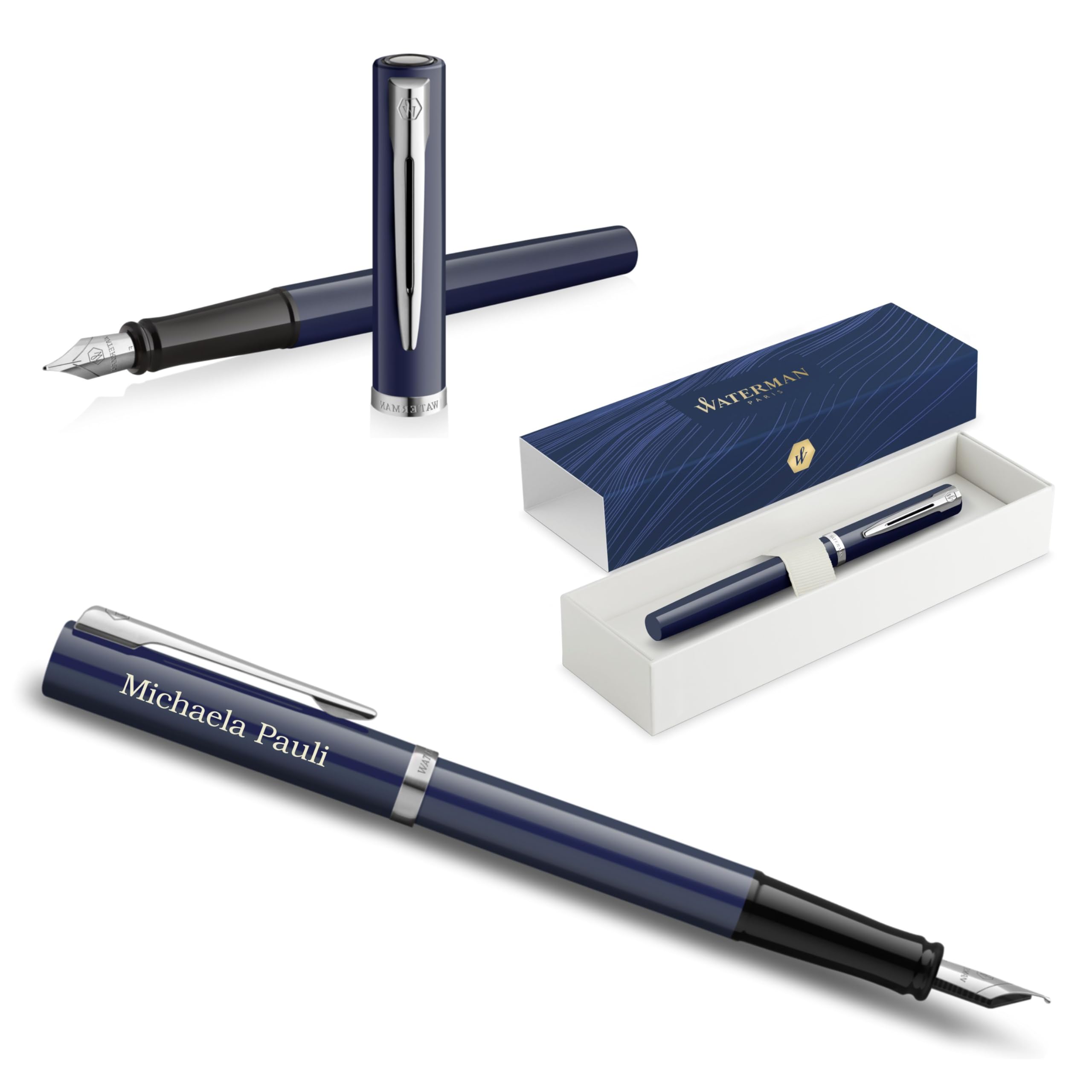 Waterman Impression Pluma estilográfica con grabado – Pluma estilográfica premium personalizada – Elegante bolígrafo de escritura regalo para hombres y mujeres – Tinta azul (Blue CT)