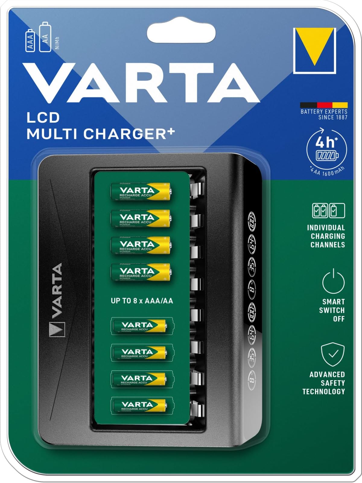 Multi Charger +, charger for rechargeable batteries in AA/AAA / 9V, single slot charging, detection of defective cells, can be used worldwide, 8 charging slots