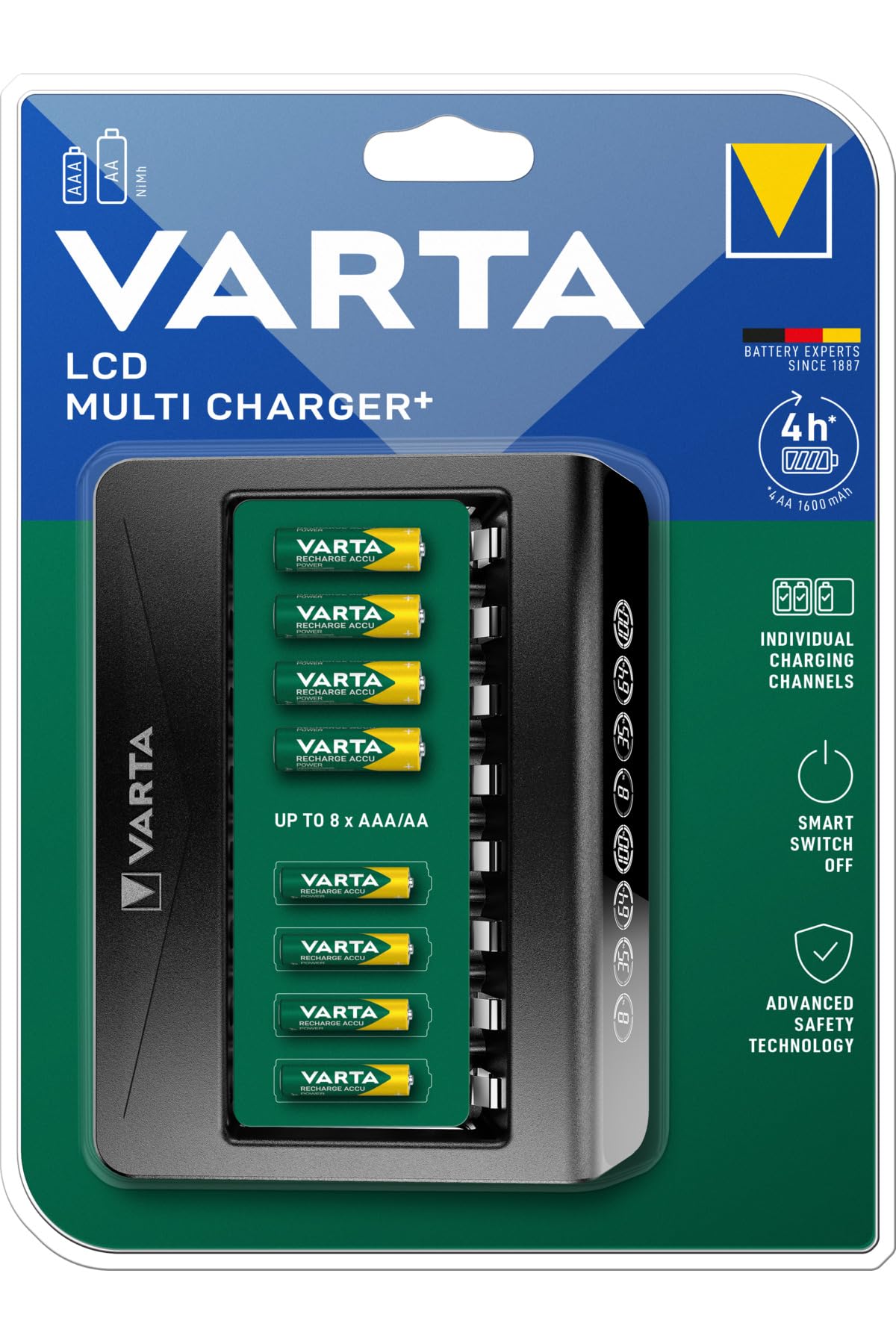VARTA Cargador de Pilas, cargador para pilas AA/AAA recargables, hasta 8 pilas recargables, LCD Multi Charger+, carga a ranura única, no equipado