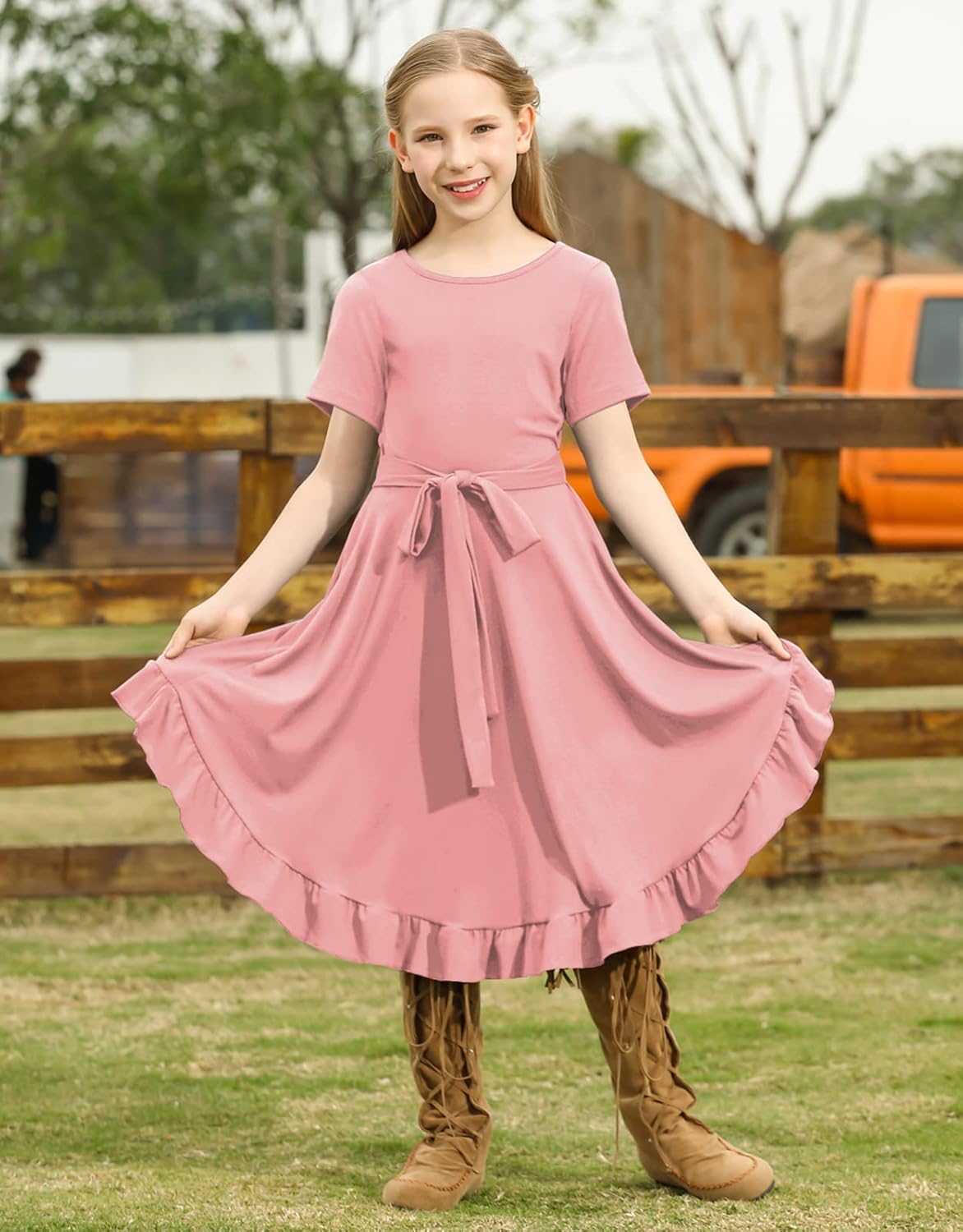 KYMIDY Girls Short Sleeve Swing Dress Kids Ruffle Loose Casual Twirl Belted Dresses with Pockets for Girls 6-12 Years - Image 5