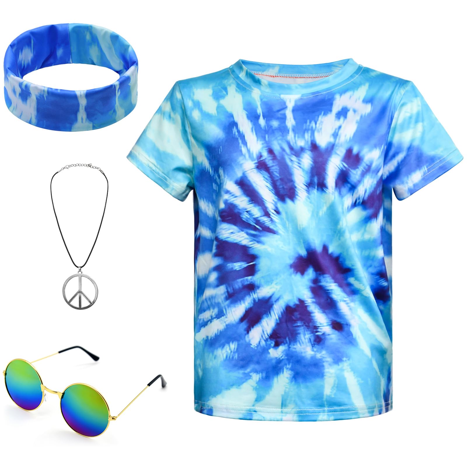 Boys Hippie Costume 60s 70s Colorful Tie Dye T-Shirt 4pcs Accessory Set for Children, blue, 9-10 Jahre