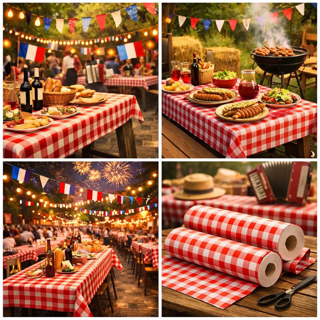 Rollo Mantel de papel desechable Vichy azulejos rojo y blanco | 2 rollos de 25 M = 50 M | Ancho 1,20 M | Cervecería - Bistro Retro - Tapón Lyonnais - Guinguette