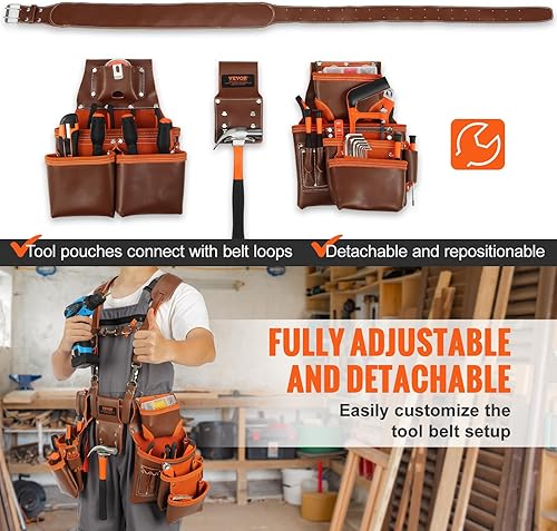 Miniatura 6 de VEVOR Cinturón de herramientas con tirantes, 19 bolsillos, tamaño de cintura ajustable de 29-54 pulgadas, cinturones de herramientas para hombres,