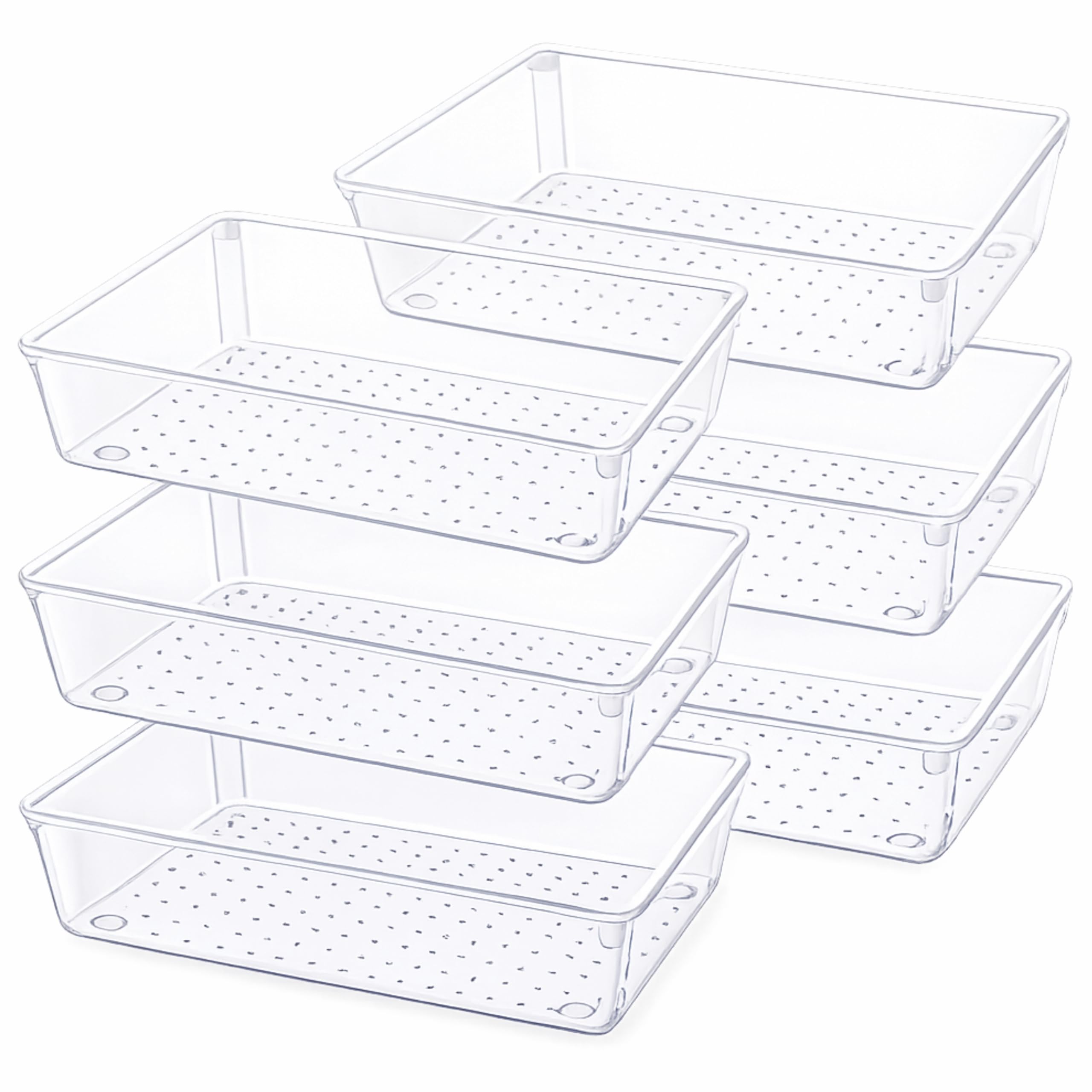 JIALTO 6-Piece Acrylic Drawer Organizer Tray Set – Non-Slip, Stackable Storage Box for Makeup, Dressing Table, Kitchen Drawer, Bathroom, Office, Vanity & Cosmetic Organization (Transparent, 9"x6"x2")