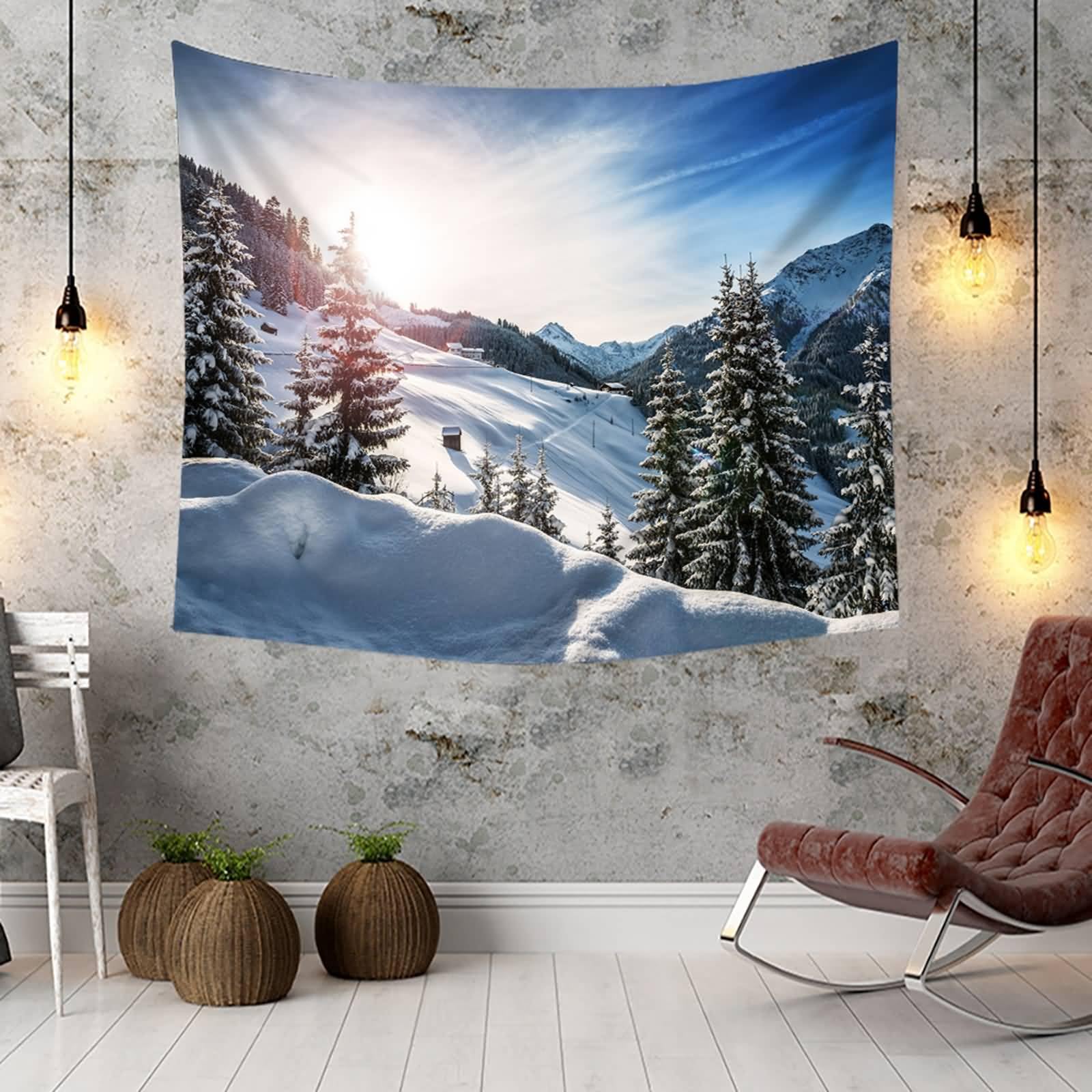 Natur Tapisserie Wandbehang | Polyester Natürlicher Baum Berg Schnee Winterlandschaft Wanddeko für Schlafzimmer Wohnzimmer | Grau Blau Grün, 350x256cm