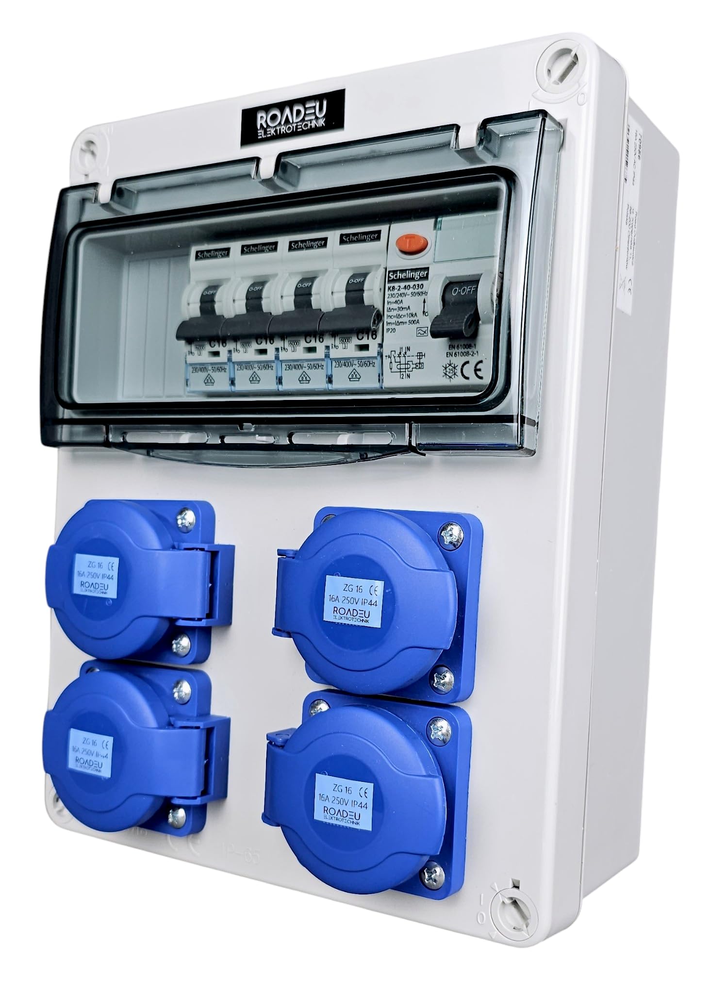 RoadEu Cuadro eléctrico 230V IP44 con diferencial y 4 tomas Schuko | 4 magnetotérmicos C16A VDE, cableado 2,5 mm², bornes N+PE, PG16, precableado