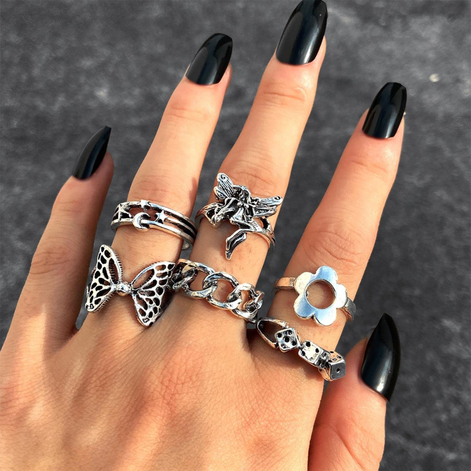 Punk Gothic Engel Fee Ringen Set voor Vrouwen Mannen Retro Verzilverde Vlinder Hart Charme Vinger Ring Sieraden kopen vanaf een prijs van 1.27
