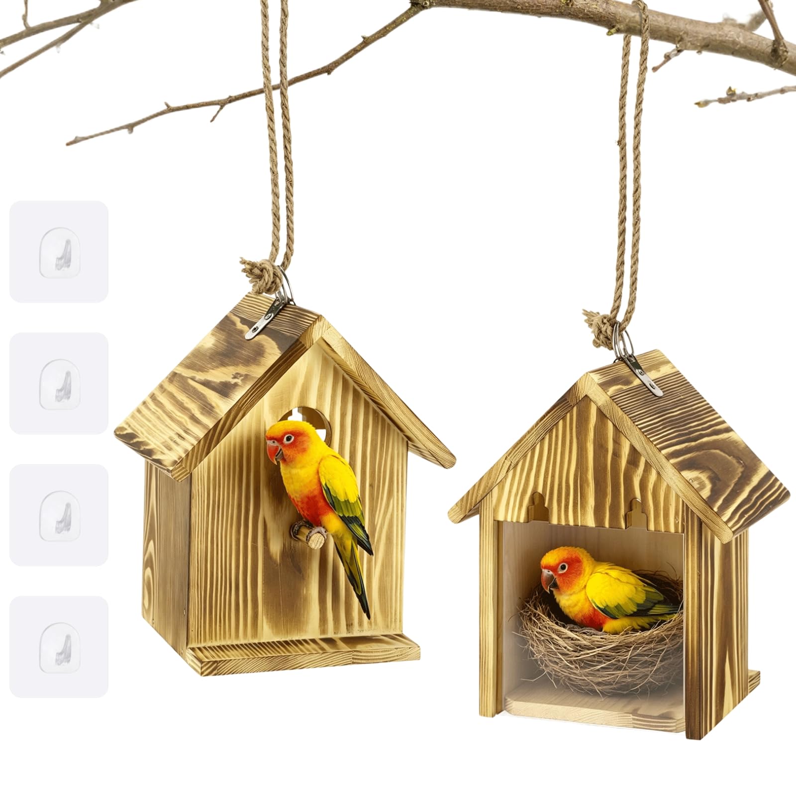 2 STK. Vogelhäuser aus Holz mit 4 Haken, 6,8 x 4,9 x 8,3 Zoll, mit transparentem Fenster und Sitzstange, Nistkasten für Blauvogel, Fink und Meise