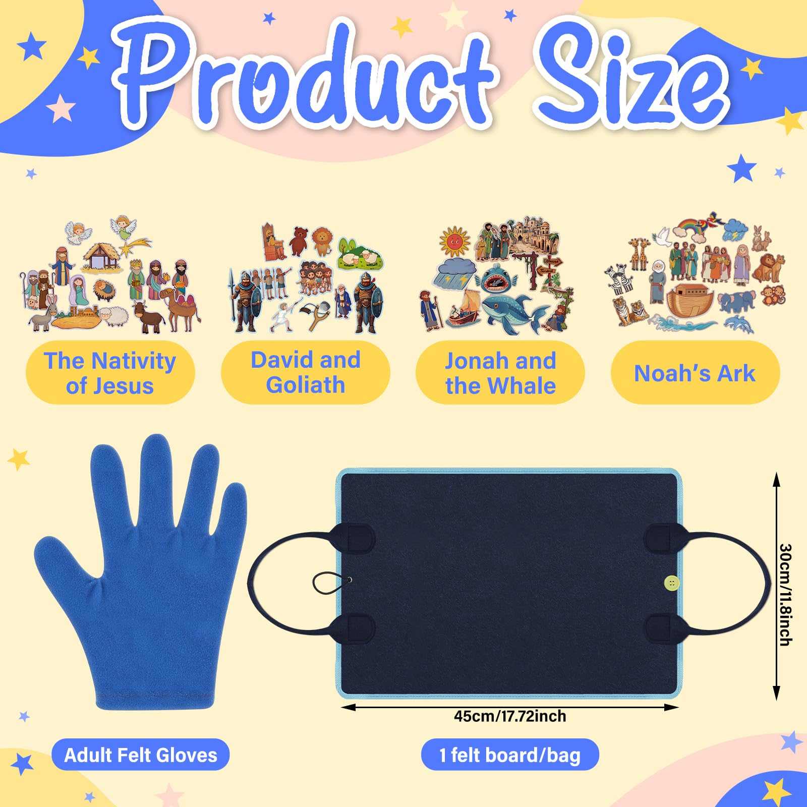 Hahafelt 6 Pcs Felt Board Bible Stories Set for Toddlers Flannel Board Stories for Preschool Kids with Gloves, Include The Nativity of Jesus, Noah's Ark, Jonah and The Whale, David and Goliath