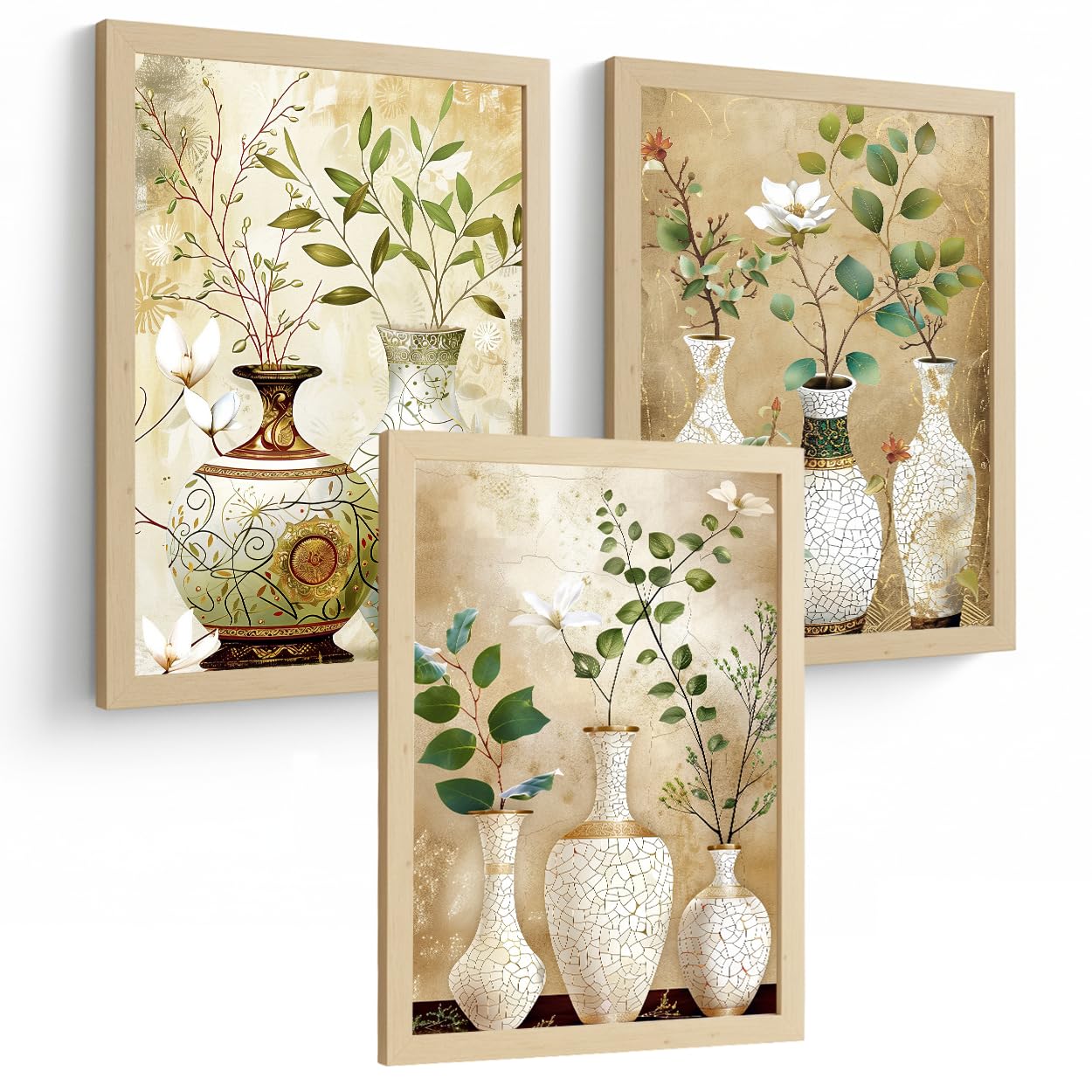 Nacnic Juego De 3 Cuadros Florales. Laminas Decorativas Pared Flores Clasicas. Posters De Pared Botanico Naturaleza. Cuadros Flor Silvestre Pared Para Salón Y Dormitorio. Tamaño A3 Marco Madera Clara