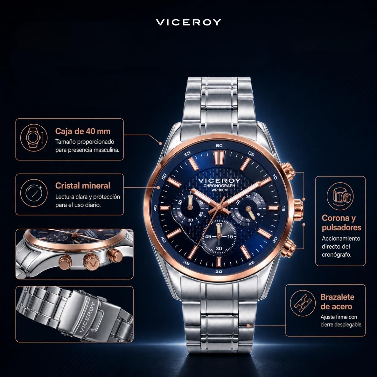Viceroy Reloj Cronógrafo Hombre de Acero Inoxidable - 40 mm - Movimiento de Cuarzo - 401017