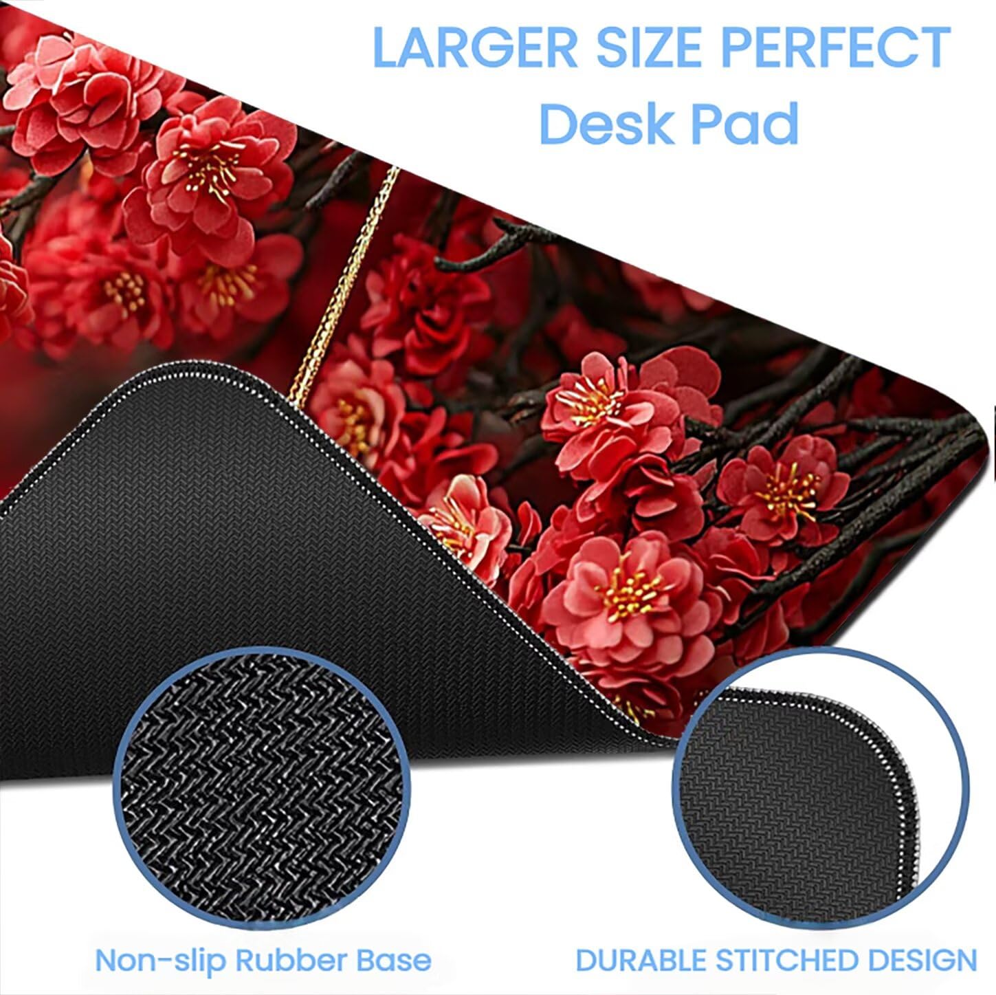 Lpfieonn Blume Großes Schreibtischunterlage, XXL Schreibtischunterlagen, Rot XXL Wasserdicht Gaming Mousepad mit Vernähter Rand und Rutschfeste Gummibasis, für Laptop/Hause/Büro 120x60cm PF-3485
