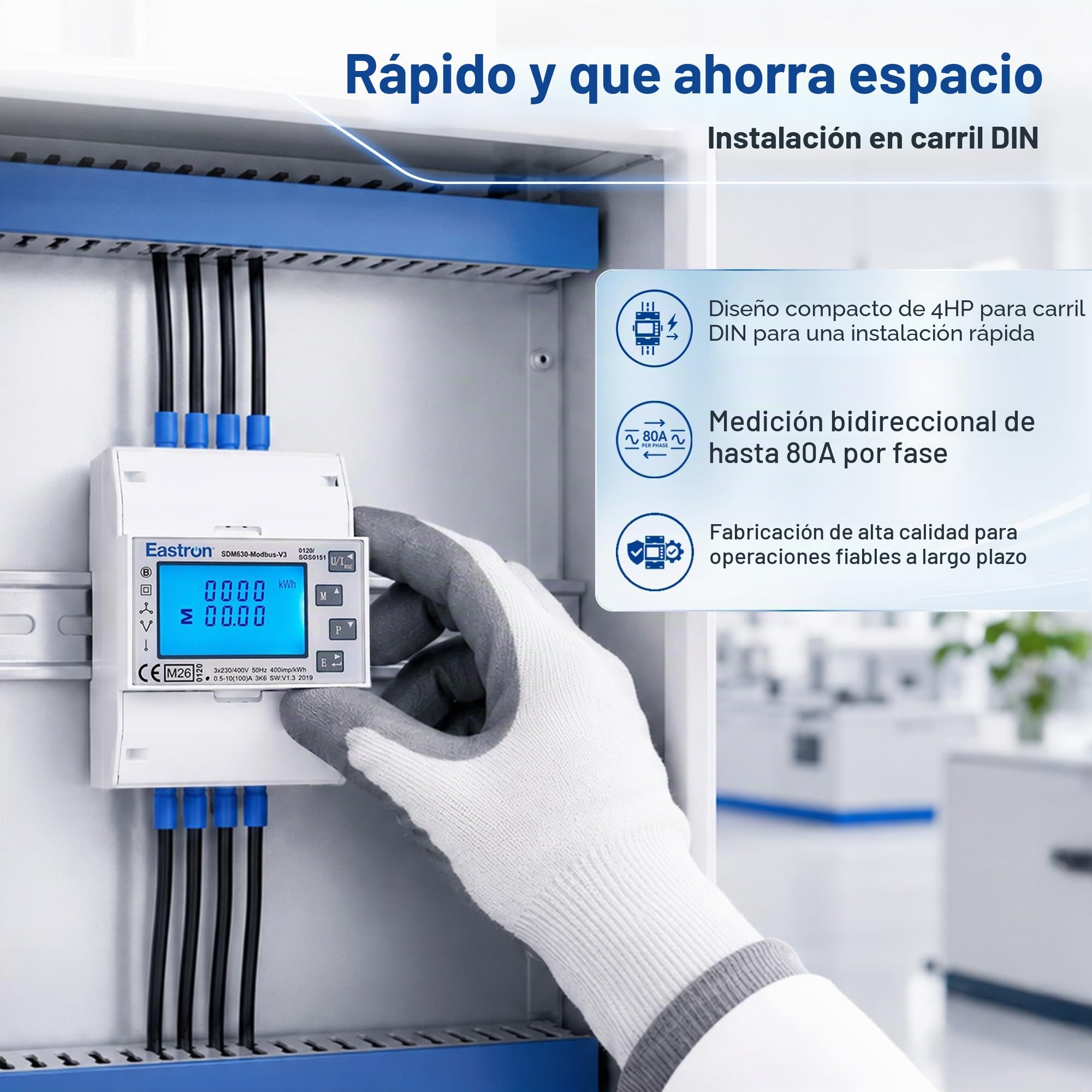 Eastron SDM630Modbus-V3 - Contador de corriente trifásico digital para carril de sombrero, multifuncional, bidireccional con 2 x S0, RS485 Modbus-RTU