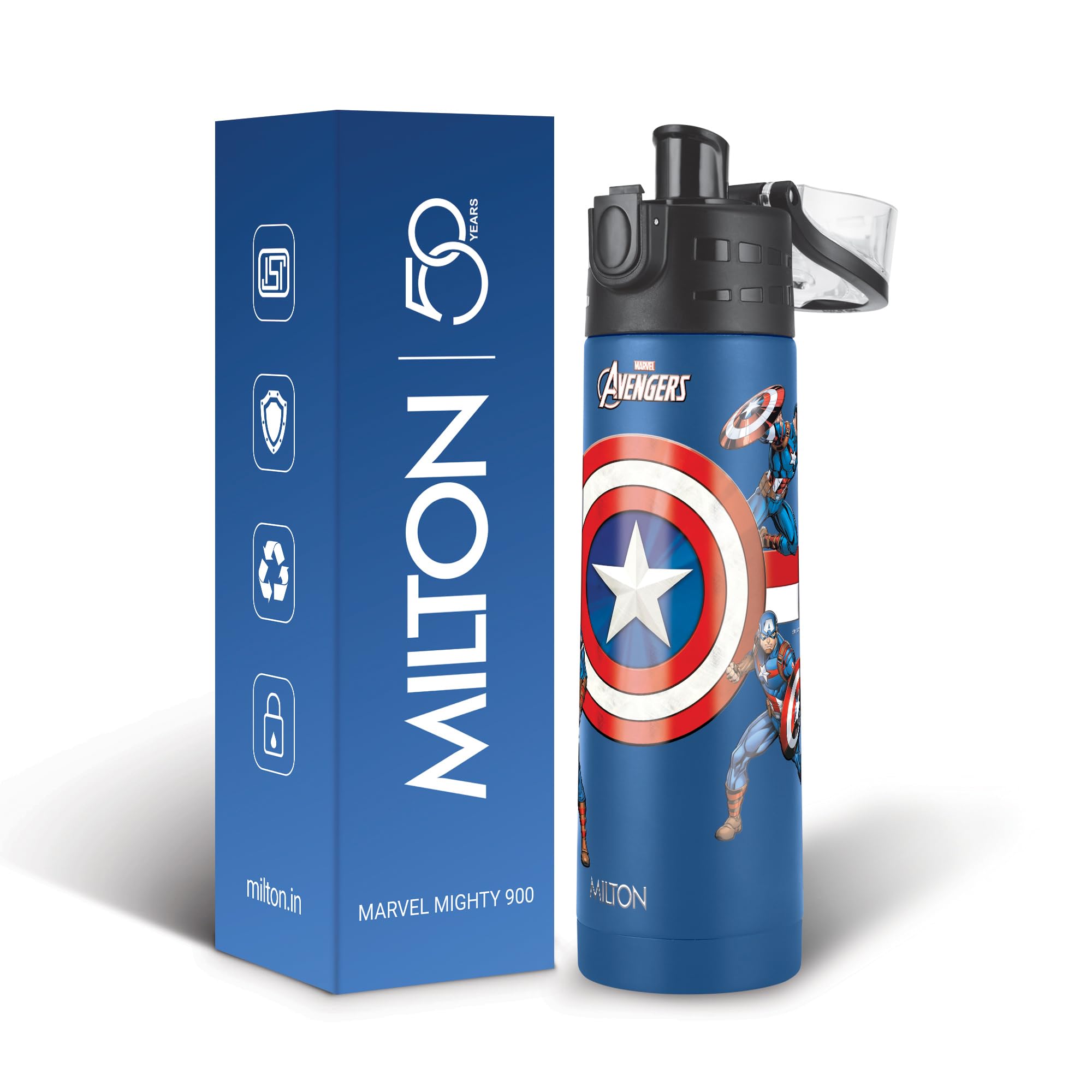 Milton Marvel Mighty 900 Thermosteel ISI Certified Water Bottle, 750 ml Stainless Steel,Long Hours Hot and Cold, Leak Proof, Vacuum Insulation, for Office, School, Gym, Blue Captain America