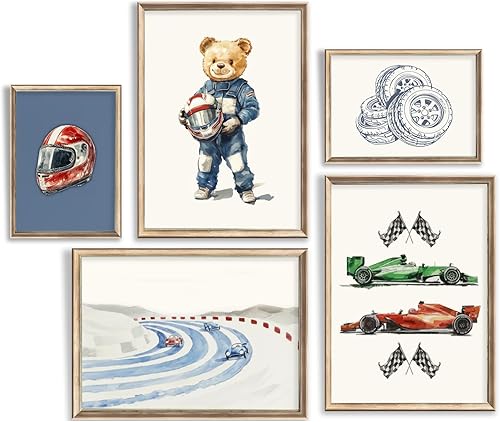 BMFLFWXE Arte de pared vintage de coche de carreras para cuarto de bebé, imágenes de oso de peluche, decoración de pared para niños, azul marino,