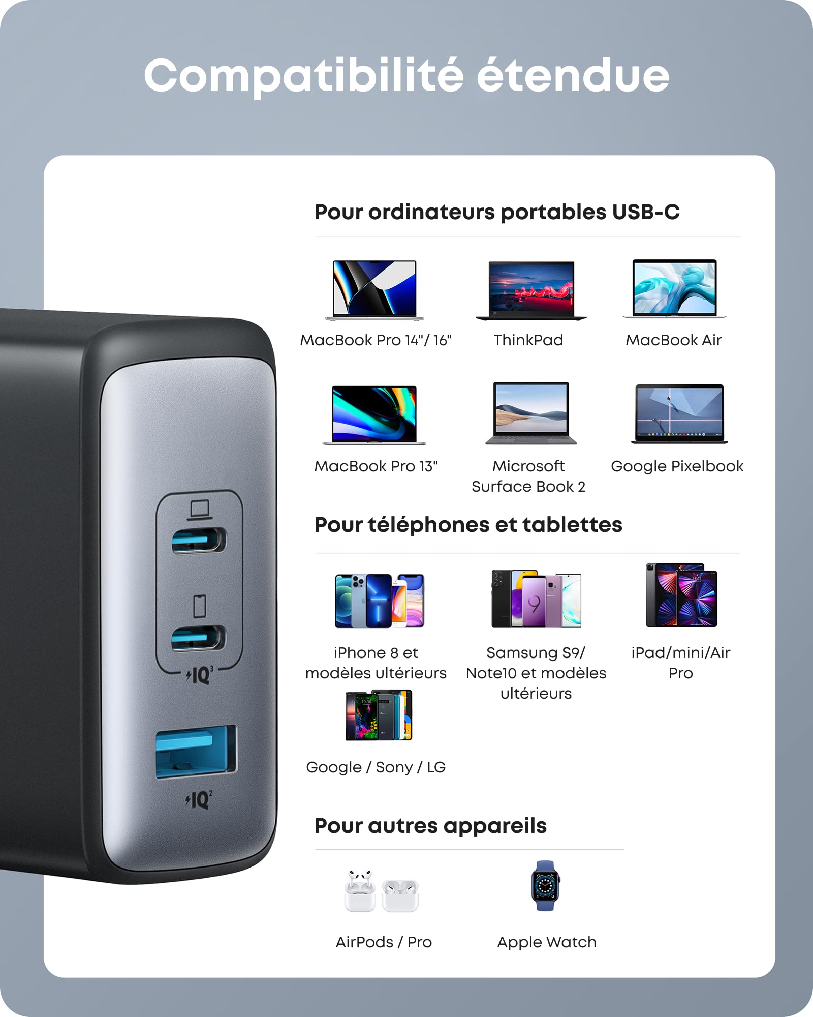 Anker 736 Chargeur USB C 100 W (Nano II), Rapide Compact 3 Ports pour MacBook Pro/Air, Google Pixelbook, ThinkPad, Dell XPS, iPad, Galaxy S23/S22, iPhone 17/17 Plus/17 Pro Max/16/15/14, et Autres