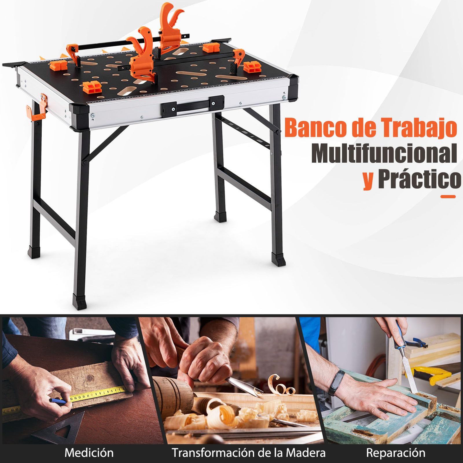 GYMAX Banco de Trabajo portáti de 84.5 cm, Mesa de Trabajo Plegable con 2 Cierres Rápidos, 4 Ganchos de Sujeción y 3 Cajas de Herramientas, Capacidad de Carga 454 kg, Banco de Rrabajo para Reparar