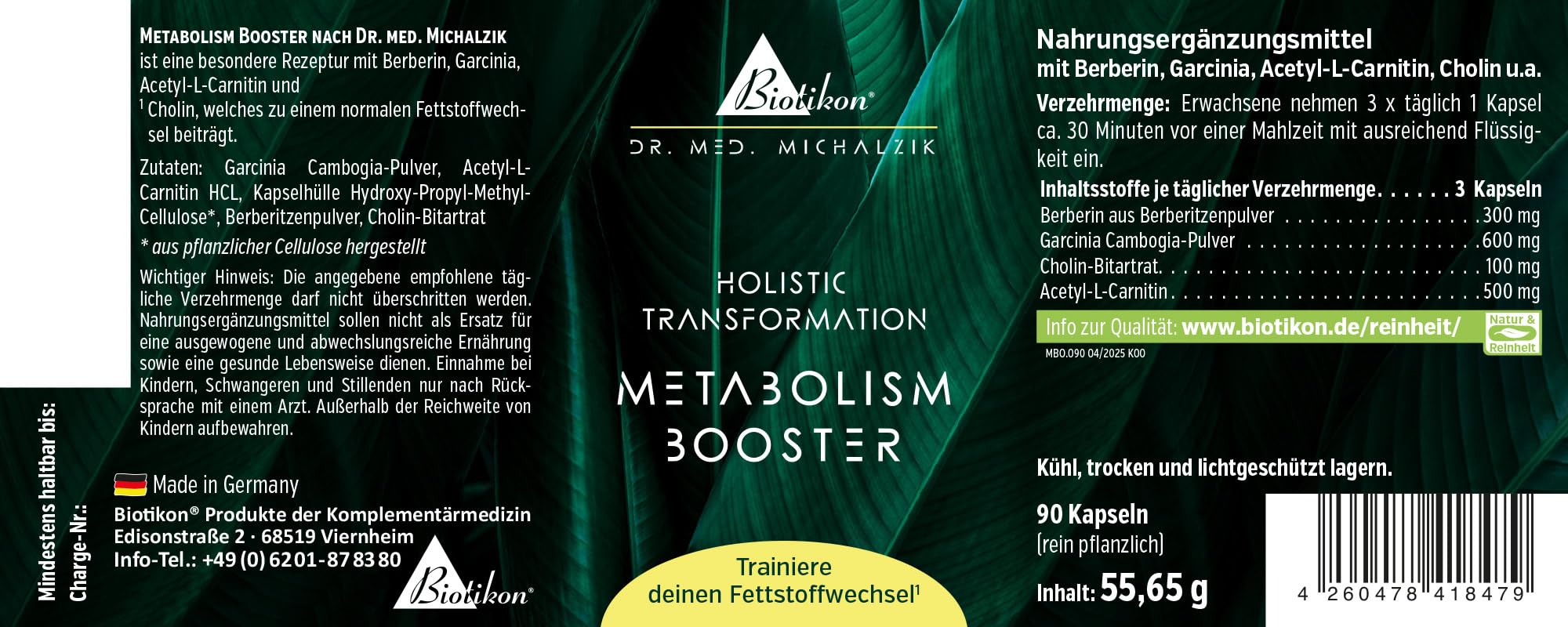 Holistic Metabolism Booster nach Dr. Michalzik, 300 mg Berberin, 90 Kapseln | Mit Berberin, Garcinia Cambogia, Acetyl-L-Carnitin und Cholin • eigene deutsche Produktion • ohne Zusätze