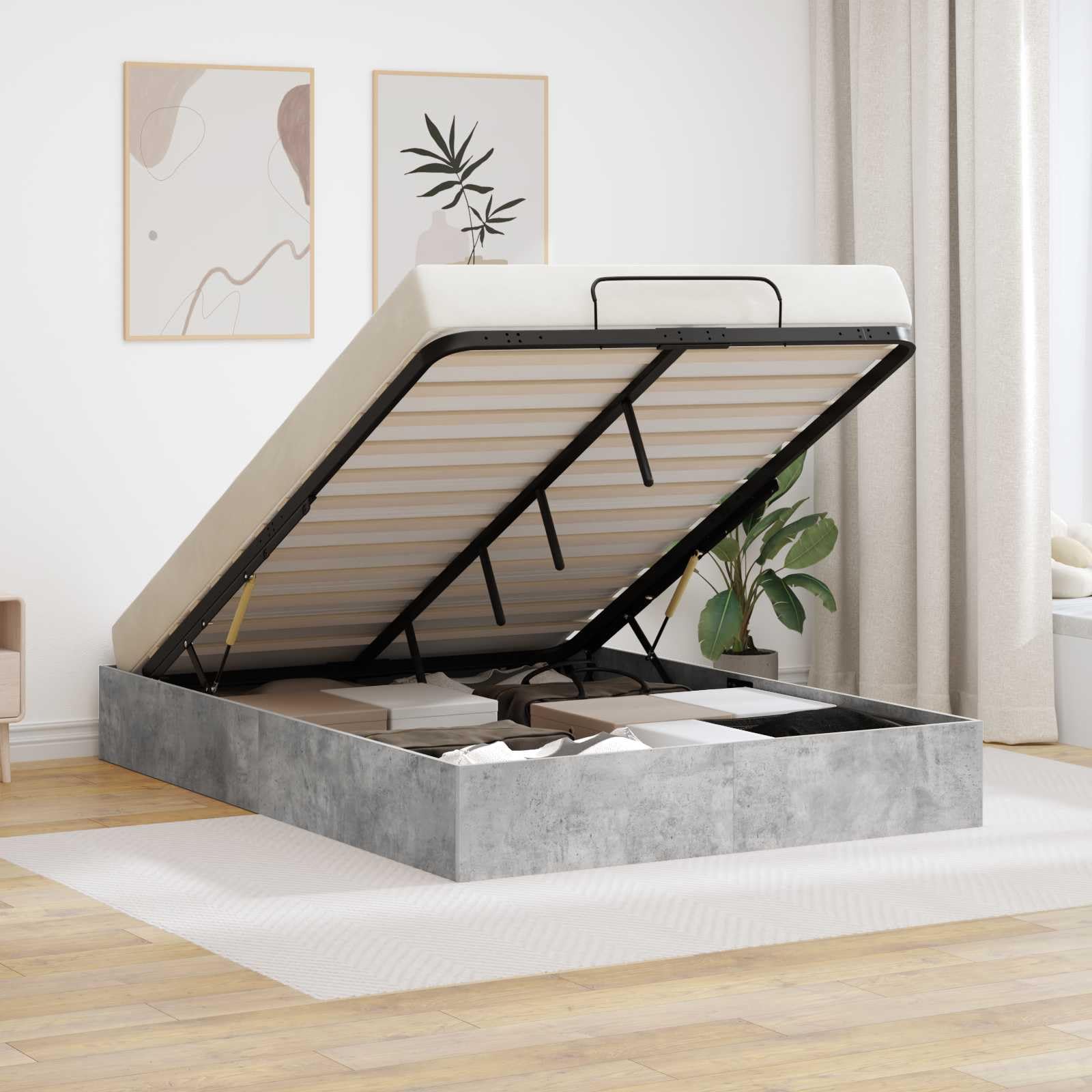 Ottoman, struttura per letto in cemento grigio, 203 x 140 x 25 cm, materiale in legno con meccanismo di sollevamento a gas, telaio per materassi Queen per spazio spazioso, base moderna per