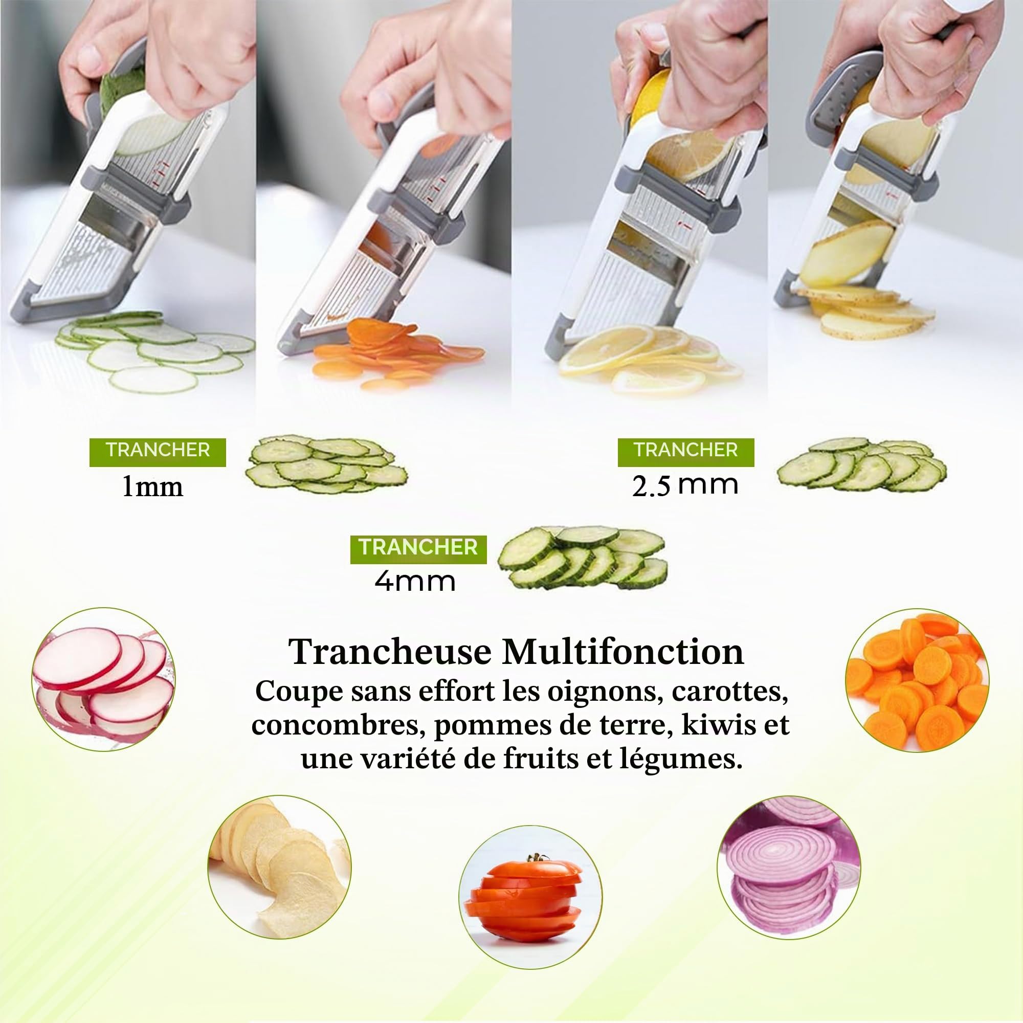 Mandoline pour cuisine - Lames réglables en acier inoxydable avec prise en main confortable - Trancheuse de légumes pour concombre, oignon, pomme de terre de petite et moyenne taille - Gris