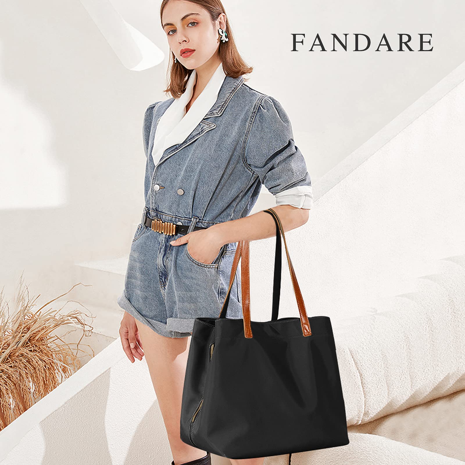 FANDARE Retrò Borsa a Mano Donna Borsa Tracolla Spalla Tote Impermeabile Nylon per 15 Pollice Tablet Shopping Viaggio Partito Work Nero L