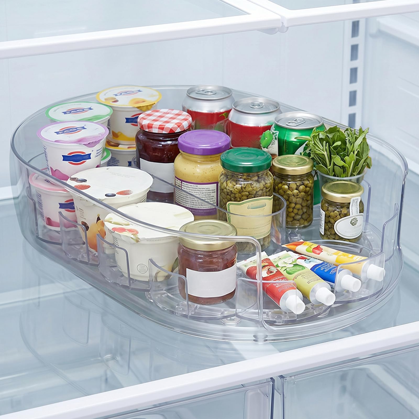 Lazy Susan Turntable Organiser for Fridge, Clear 360° Rotating Spice Rack Non Slip Fridge and Pantry Organizer PET for Fridges Kitchen Countertop 33 X 7.3cm
