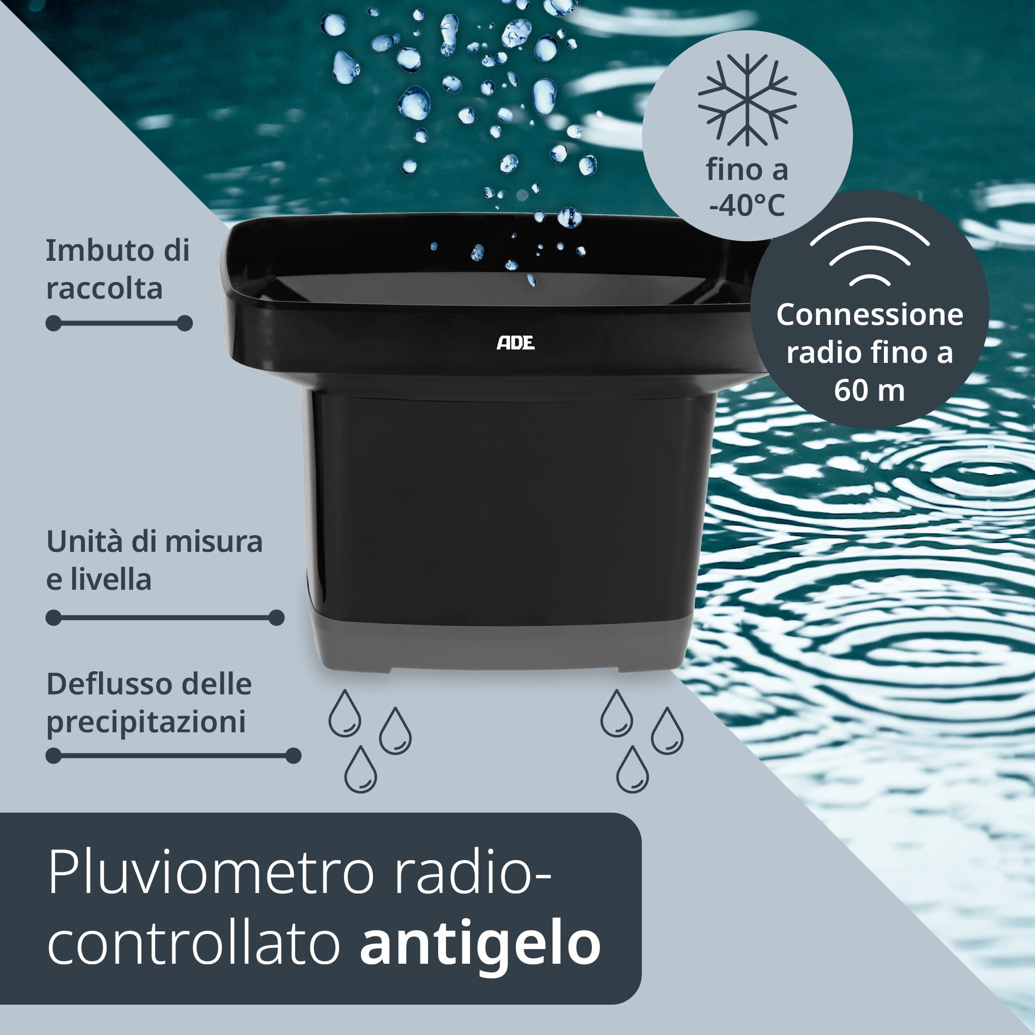 ADE Stazione Meteorologica con Pluviometro Sensore Radio Termometro Interni Esterni Nero