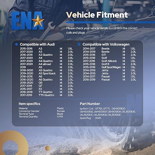 Miniatura 7 de ENA Juego de 4 bobinas de encendido y bujías compatibles con Audi Volkswagen A3 A4 A5 A6 Quattro Allroad Sportback Q5 Q7 S3 TT Beetle Golf GTI Jetta