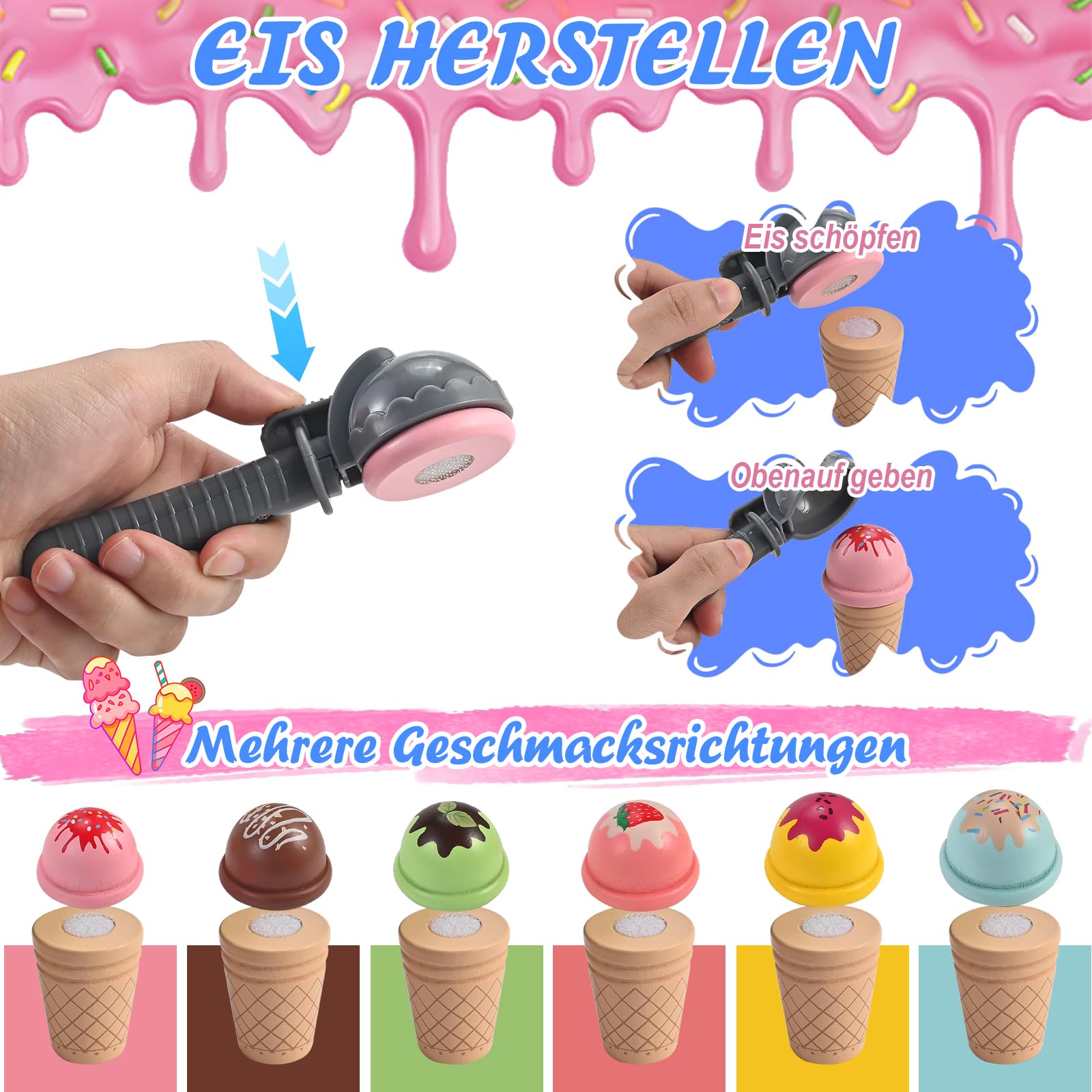 Wooderma Eisdiele Kinder Holz, Kinderküche Zubehör, Eisladen Kinder Holz, Kaufladen Rollenspiele, Holzspielzeug Spielküche Zubehör, Eiscreme Einkaufsladen, Montessori Spielzeug, Geschenk ab 3 Jahren