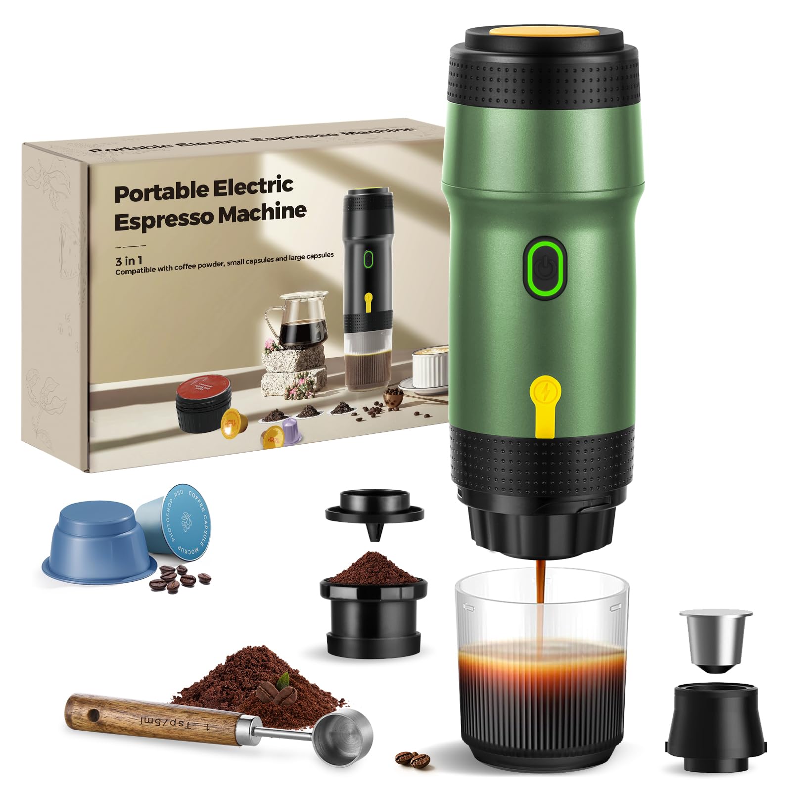 ICARE Cafetiere Portable, Expresso Machine a Cafe 3-en-1, 20BAR Pression, Extraction à 92°C, Batterie 7500mAh, Charge USB/Voiture, pour Capsules et Café Moulu (Vert)