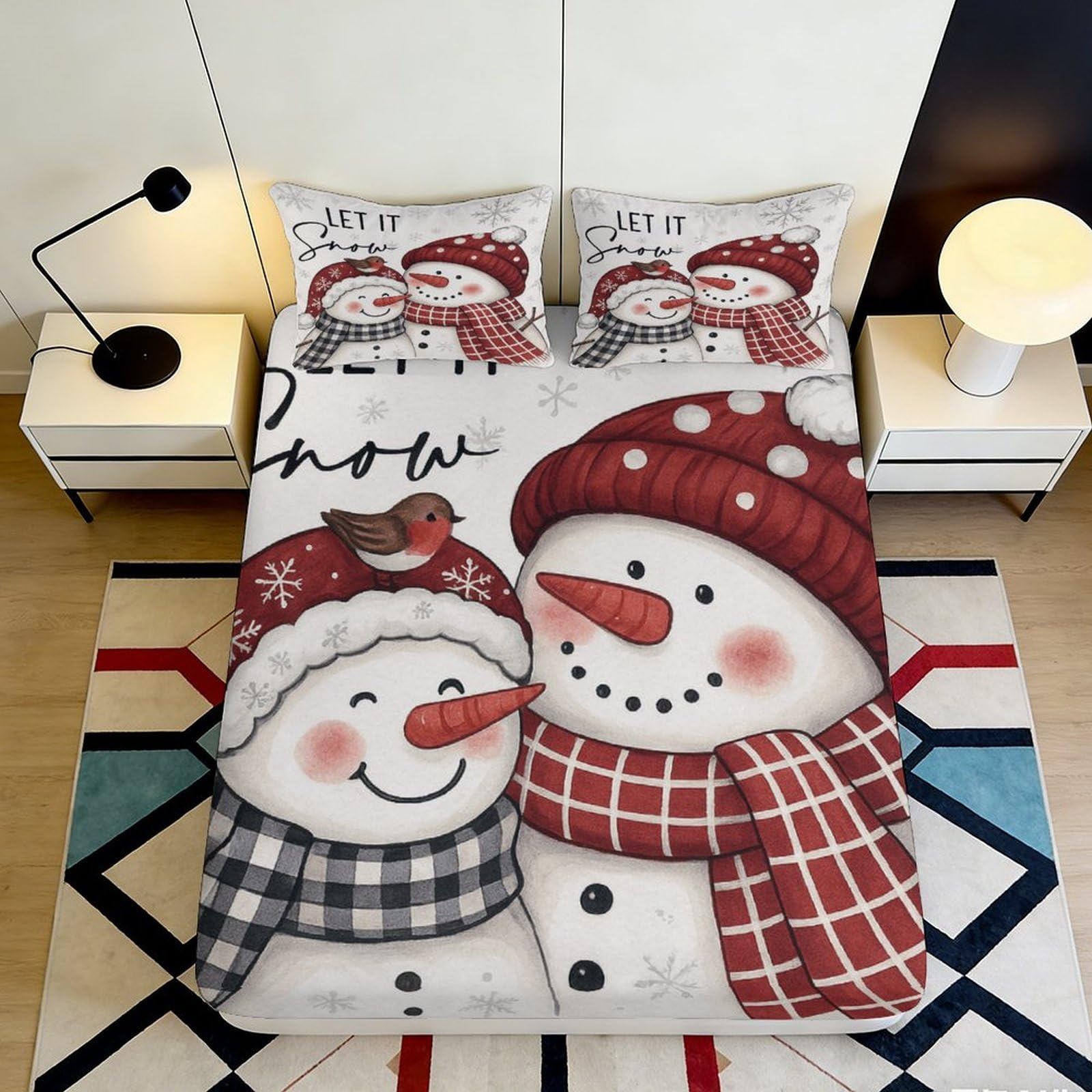 3D Printed Snowman Couple Fitted Sheet Microfiber Soft Breathable Winter Bed Cover with Scarf Pattern Mattress Cover for Bedroom Dormitory Guest Room 160x200x25cm