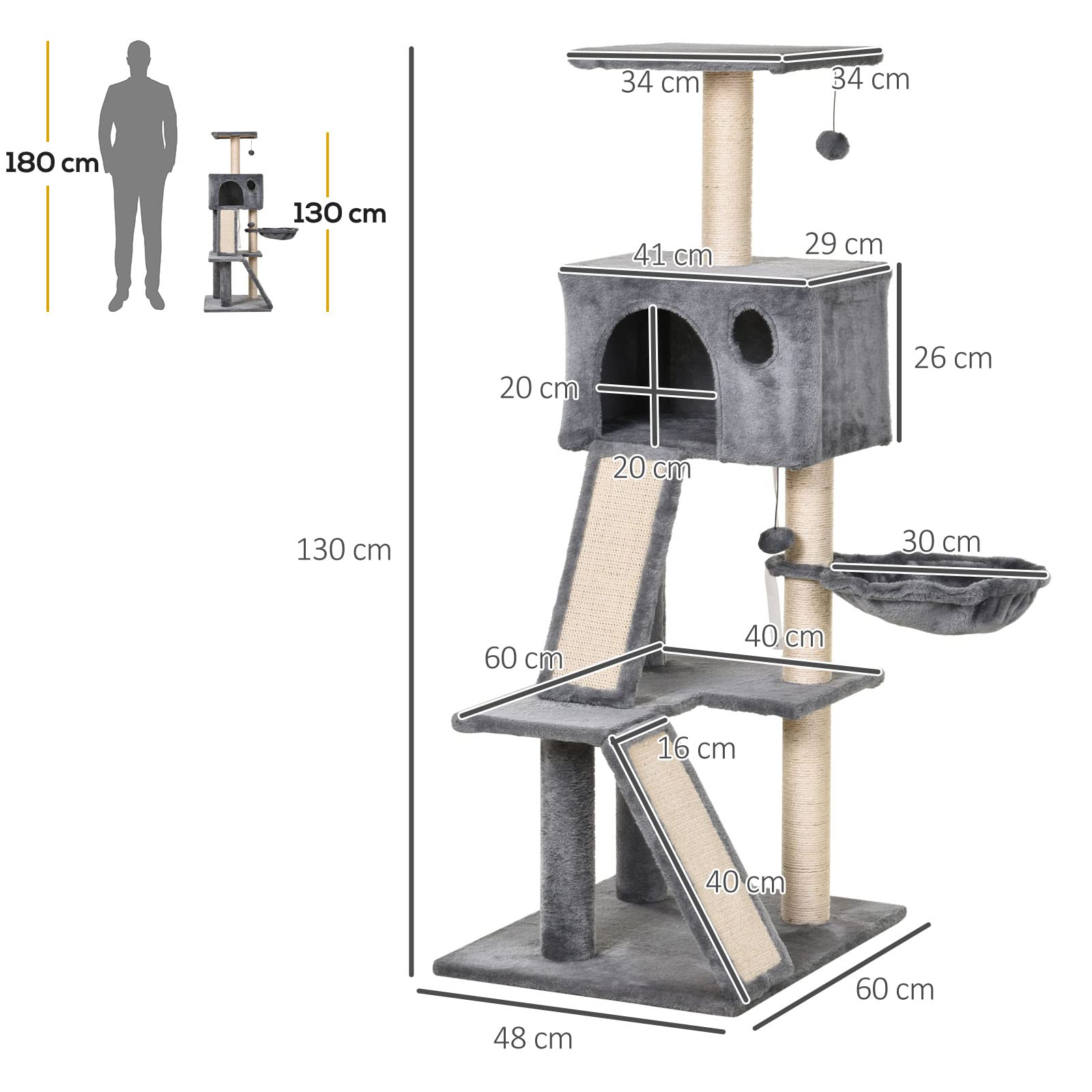 PawHut Albero Tiragraffi Accessoriato con Cuccia Lettino Sospeso e 2 Pedane in Peluche Grigio | Cuccia, Lettino Sospeso, 2 Pedane, Corda Sisal
