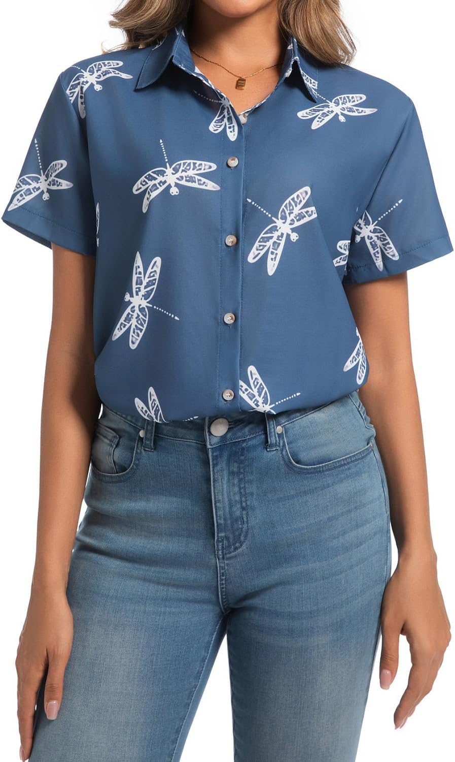 Womens Button Down Shirts Short Sleeve Summer Linen V Neck Collared Hawaiian Floral Print Cat Casual Blouse Tops - Image 7