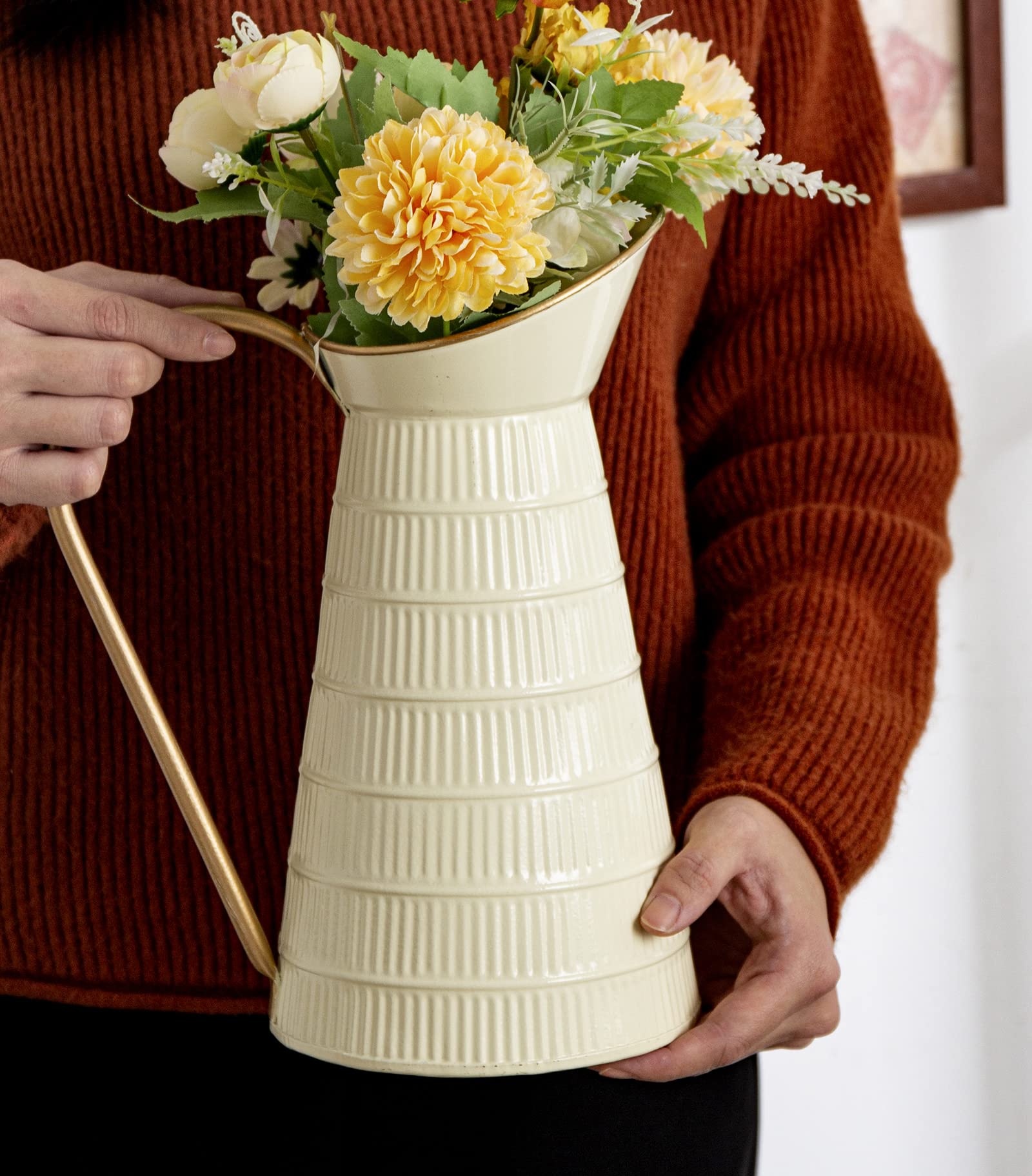 Elegante jarrón de Metal Blanco Crema, jarrón galvanizado de Granja, Jarra de Leche Decorativa rústica para Flores