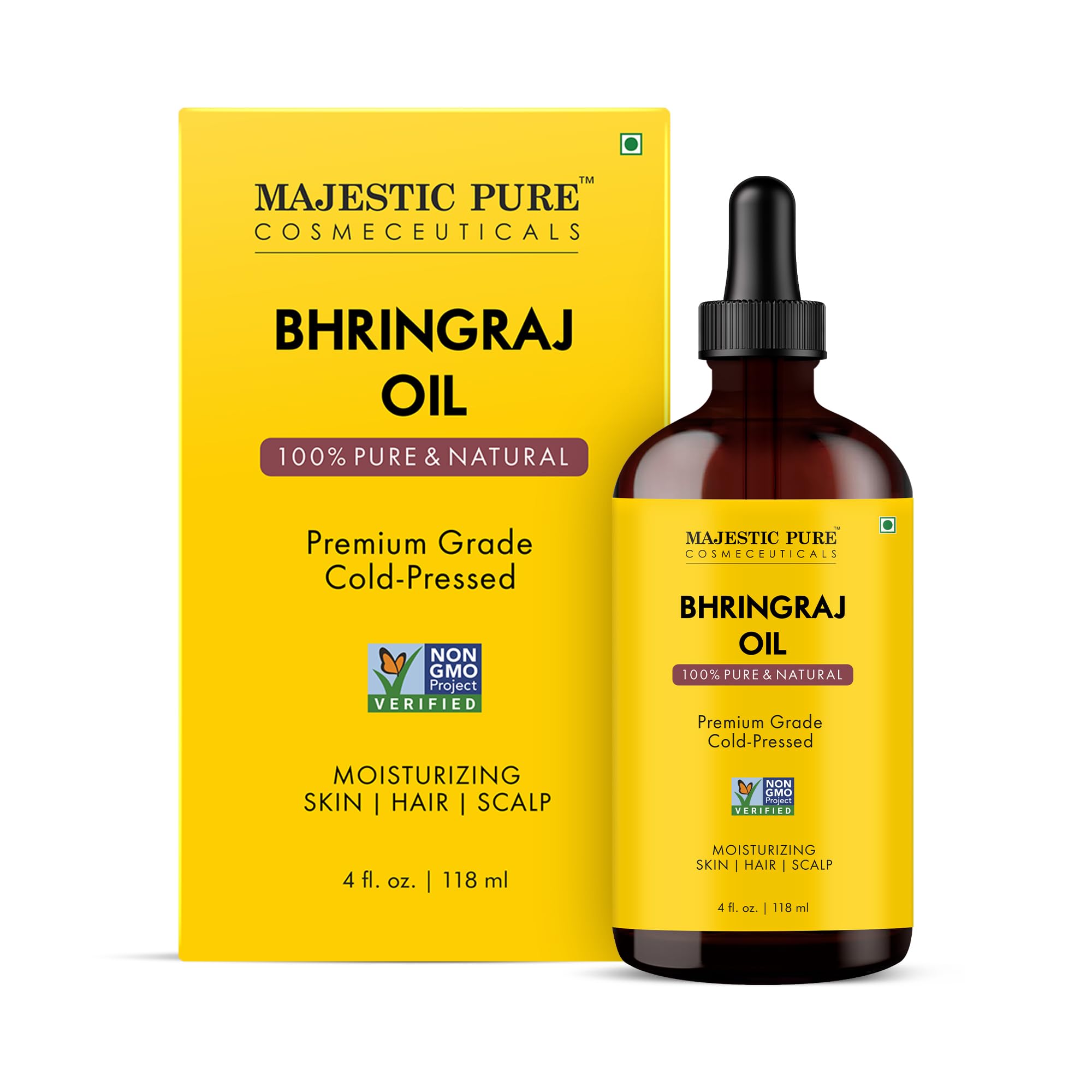 Majestic Pure Bhringraj Premium Carrier Oil 4oz (118ml) With Dropper for Hair Oiling, Scalp Massage & Skin Care