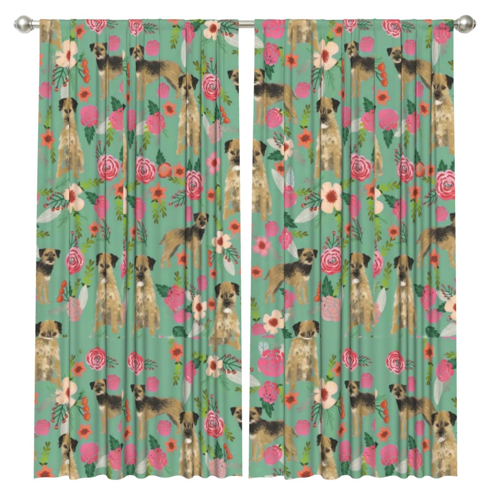 InOmak Border Terrier Florals Dog Breed, 2 Panels Window Curtains 52 x 84 Inch Blackout Curtains for Living Room Bedroom
