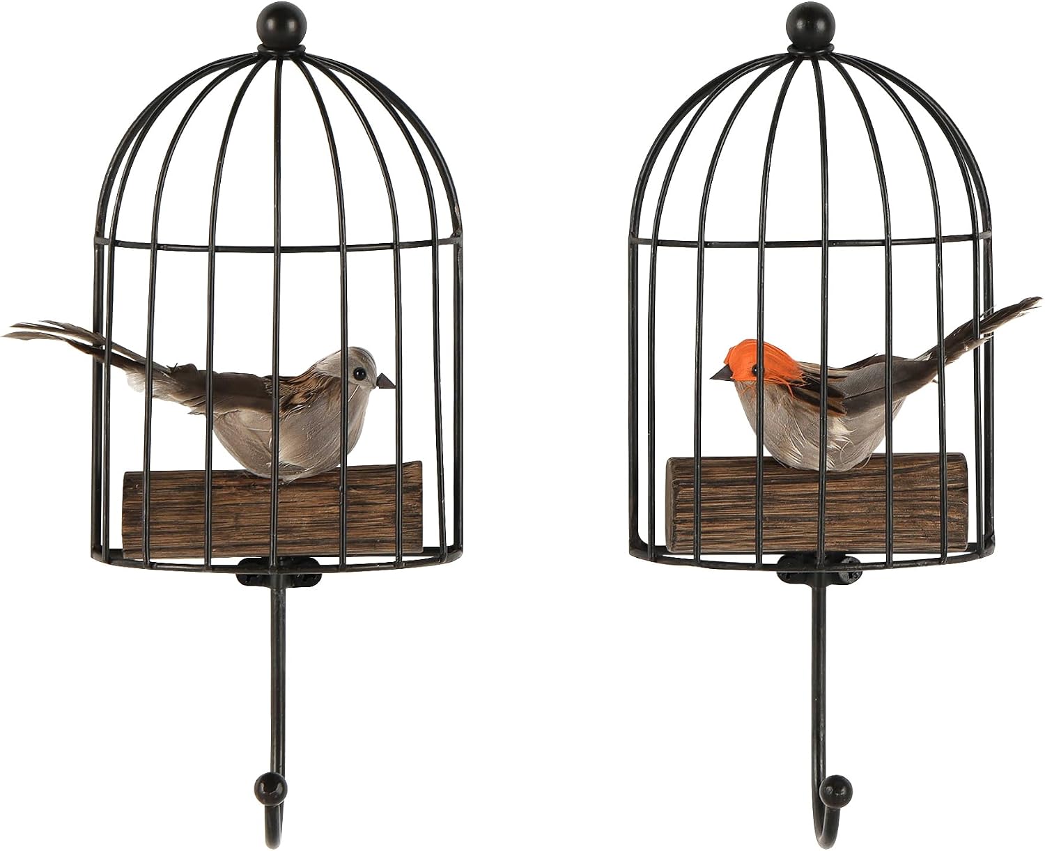 SOFFEE DESIGN Set of 2 Bird in Cage Hooks, Realistic Grass & Twig Bird with Playful Expression, Whimsical Entryway Organizer for Keys or Towels