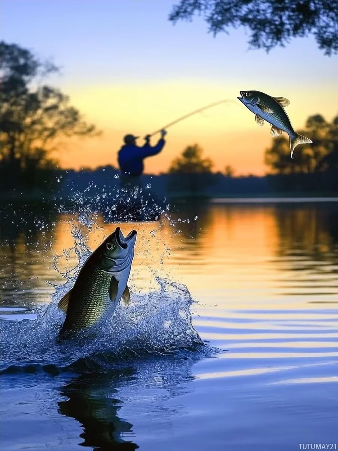 TUTUMAY21 DIY Beginner Adult Diamond Painting Set, Sunset Fishing, Fish Leaping Out of The Water, Diamond Art for Stress Relief Gift for Fishing Lovers 12x16inch