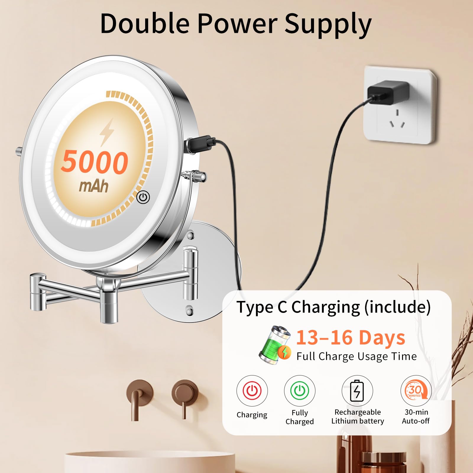 Famihomii Specchio cosmetico ricaricabile con illuminazione a LED, specchio da trucco con ingrandimento 1-10X e interruttore touch