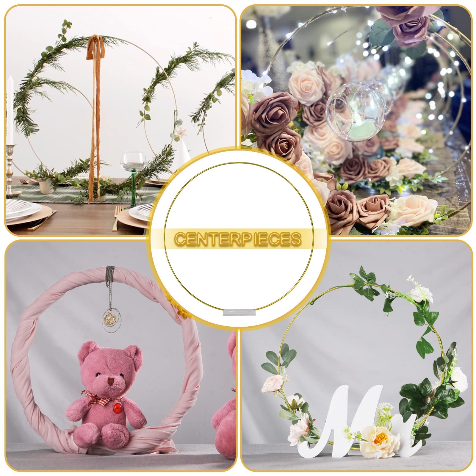 YALLOVE 10PCS Gold Wreath Ring 14 Inch Metal Ring for Crafts Floral Hoop Dream Catcher Macrame Rings with Acrylic Base for Wedding Table Centerpieces Balloon Flower Decoration DIY - Image 2