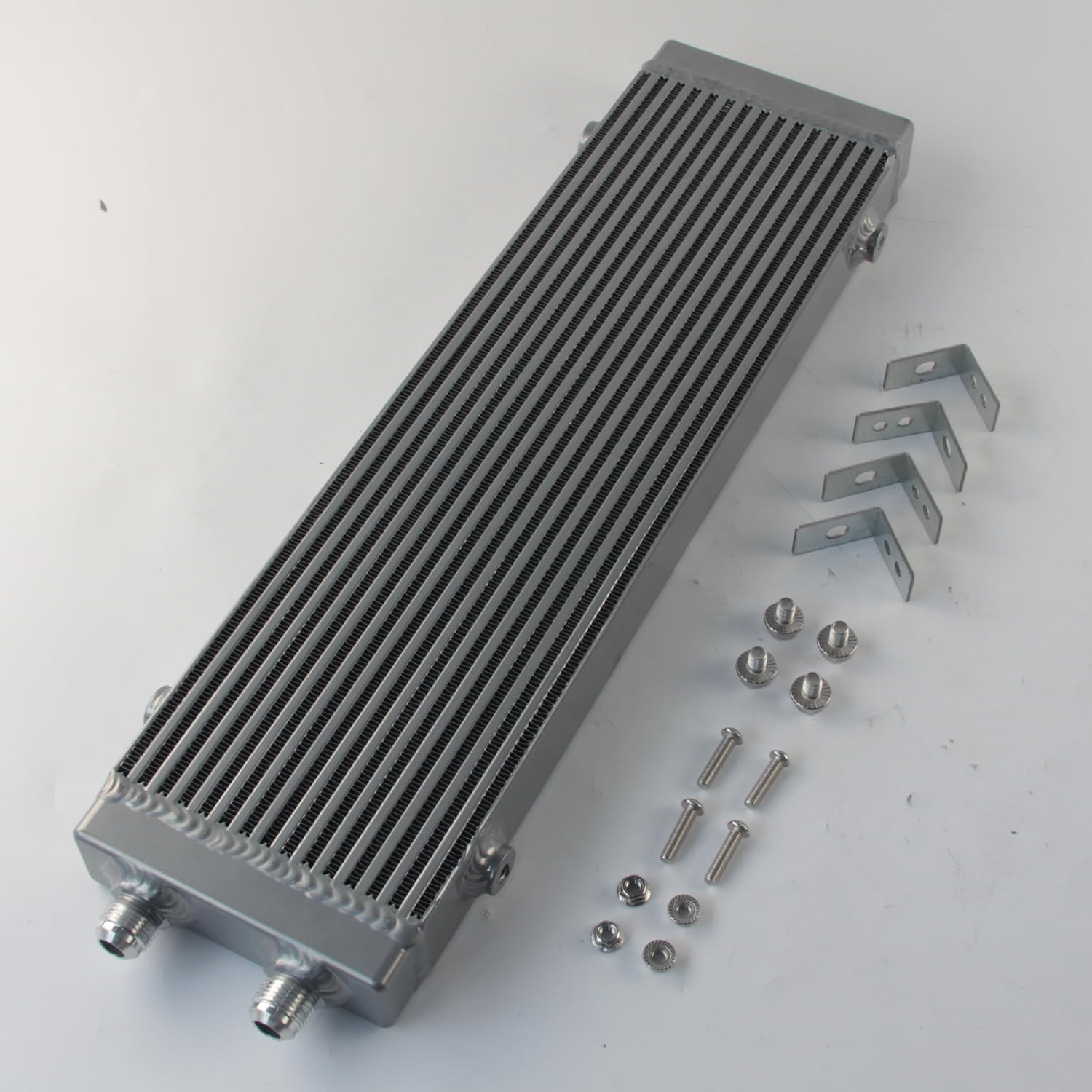 Universal Dual Pass Bar & Plate Oil Cooler Large Core:18.5"x5.5"x1.58" AN10 7/8"-14 UNF Mounting Bracket Silver CNC Aluminum Silver