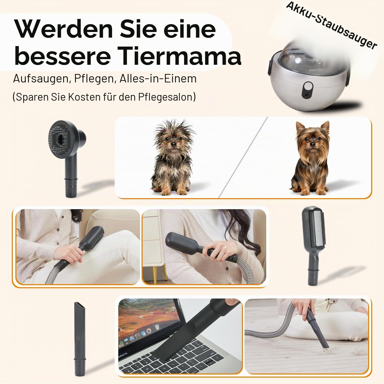 Hundestaubsauger mit Bürste,Schnurlose Pflege Kit mit Staubsauger,starke Saugkraft von 10000 Pa, entfernt 99% Tierhaare, kabelloses, geräuscharm, leicht zu reinigen für Hunde und Katzen