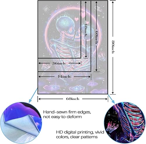 Miniatura 6 de Fungarth Tapiz de esqueleto con luz negra, con diseño de calavera UV, para dormitorio, estético, flores moradas y azules, lindo tapiz para colgar en