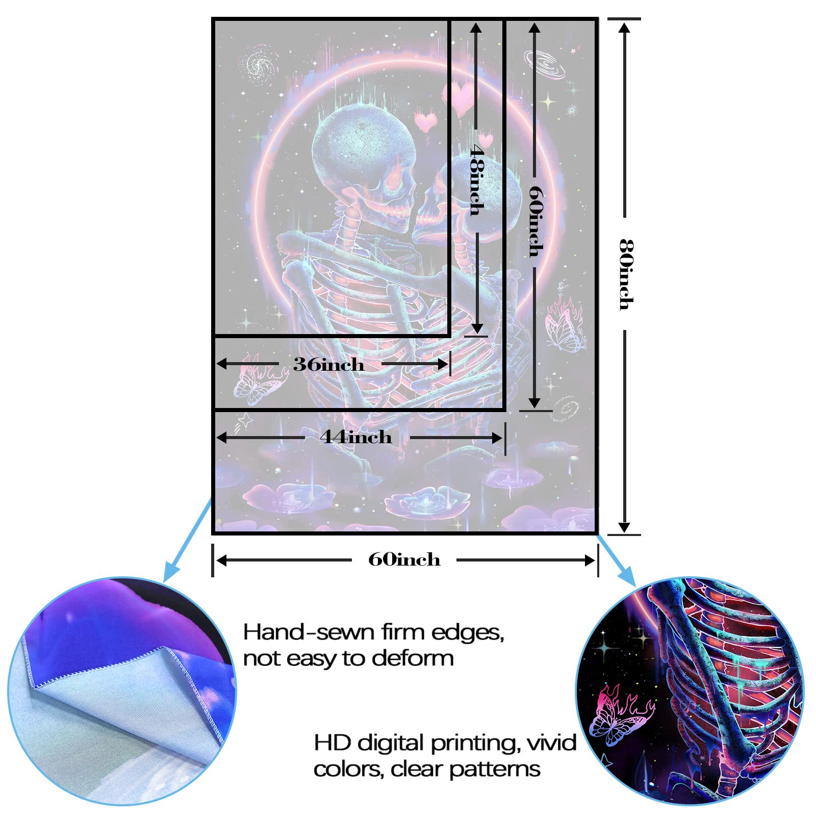 Fungarth Blacklight Skeleton Tapestry UV Skull Kissing Love Tapestries for Bedroom Aesthetic Green Flower Cute Tapestry Wall Hanging for Living Room Dorm (60” x80”): Purple 48"L x 36"W