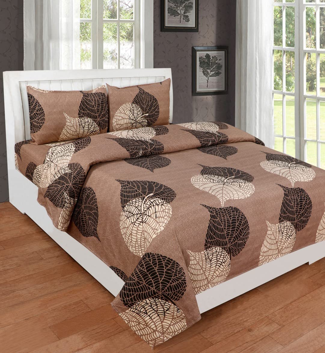 220 TC Cotton Double Bed Printed Bedsheet with Two Pillow Covers_Size-90 * 90 inch (Brown Leaf Design)-image-33
